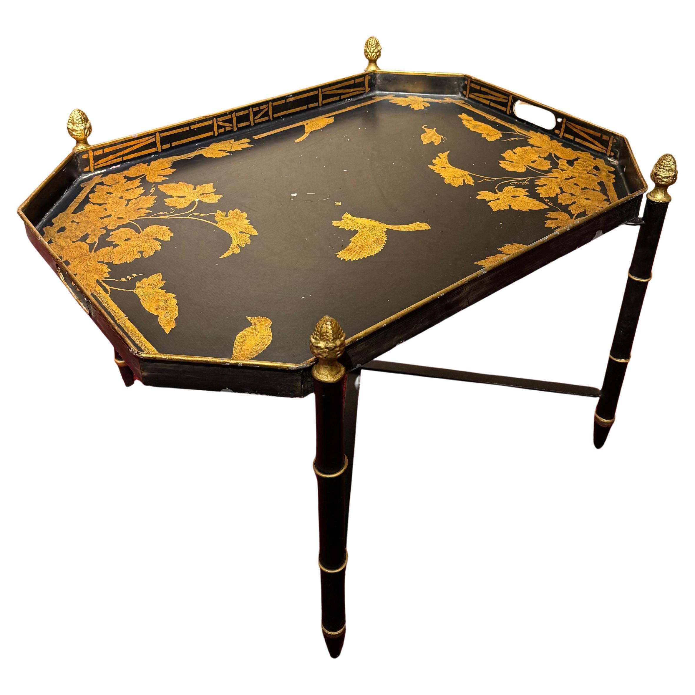 Table à plateau en étain français avec motif d'oiseaux fleuris, 19, Century