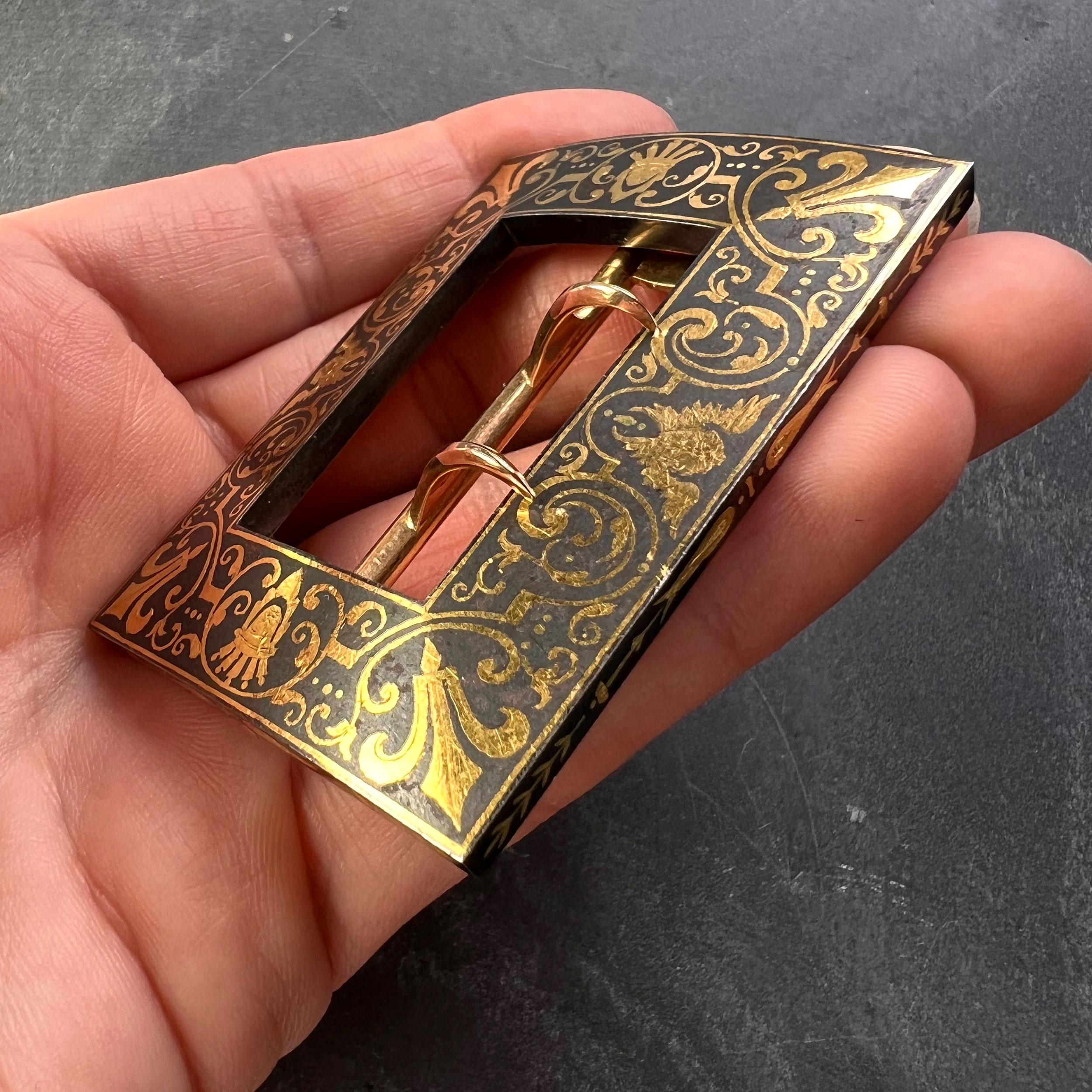 Boucle de ceinture Tissot française en or jaune 18 carats et acier de Damascène en vente 6