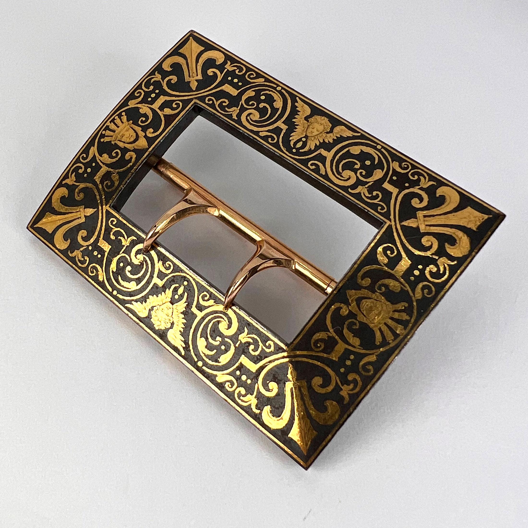 French Tissot 18K Yellow Gold Damascene Steel Belt Buckle For Sale 10