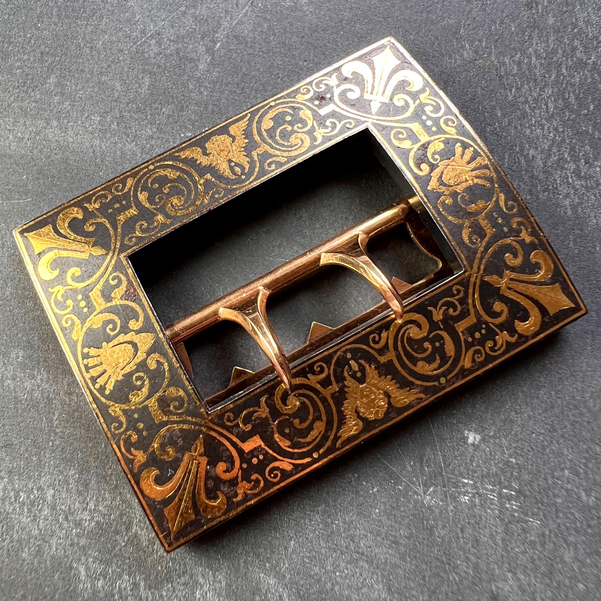 French Tissot 18K Yellow Gold Damascene Steel Belt Buckle In Good Condition For Sale In London, GB