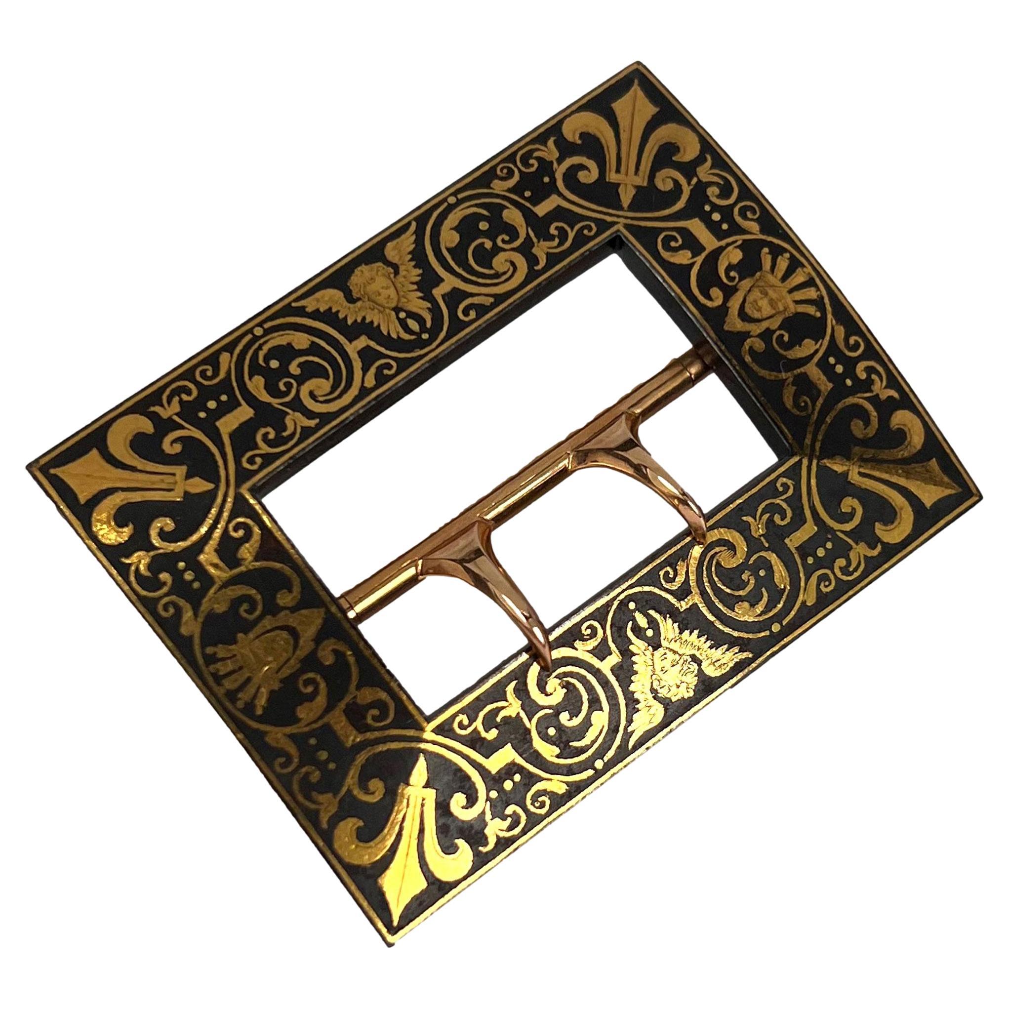 Boucle de ceinture Tissot française en or jaune 18 carats et acier de Damascène