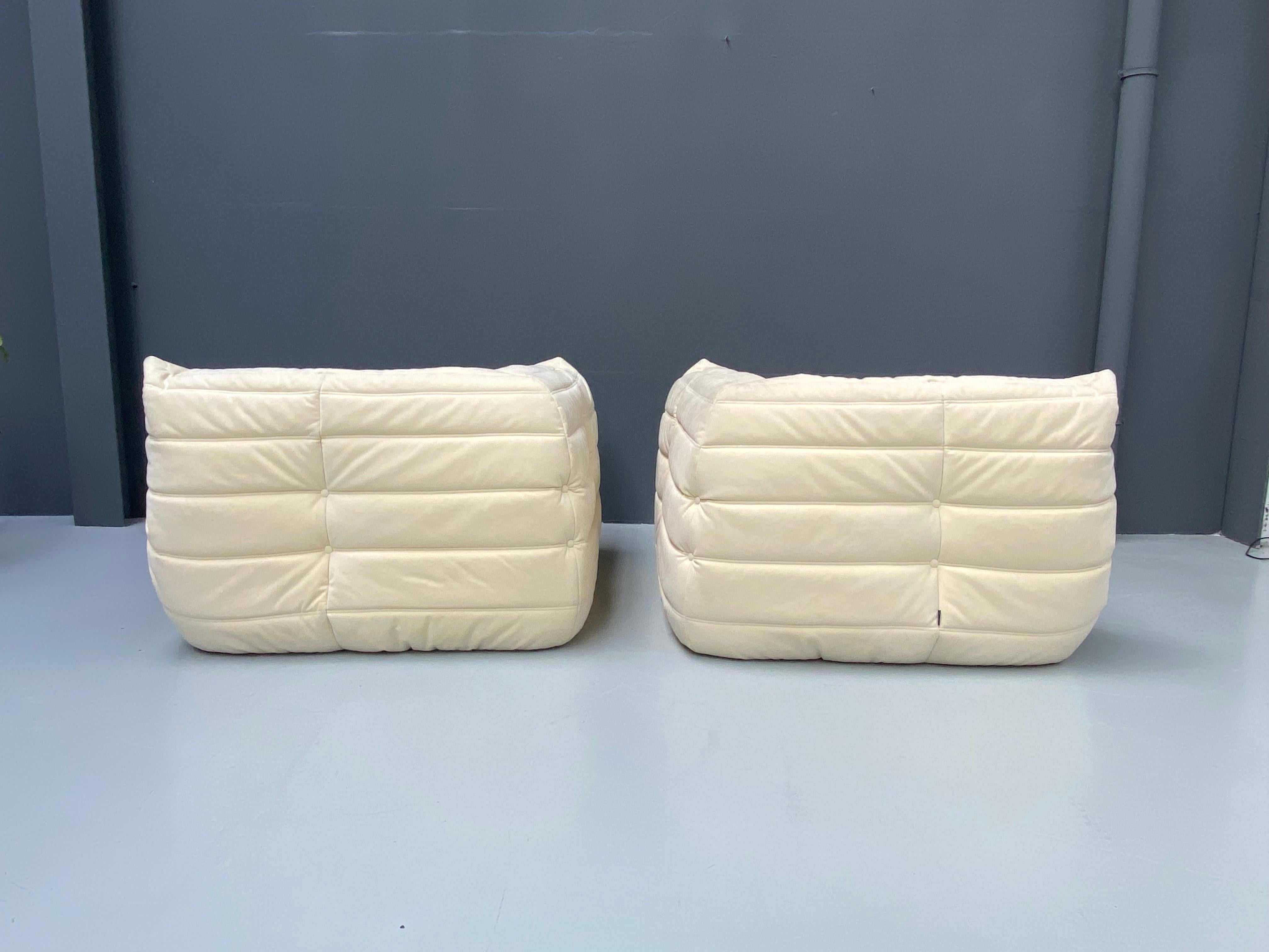 French Togo Arm Chairs in Alcantara Eggshell by Michel Ducaroy for Ligne Roset. 3