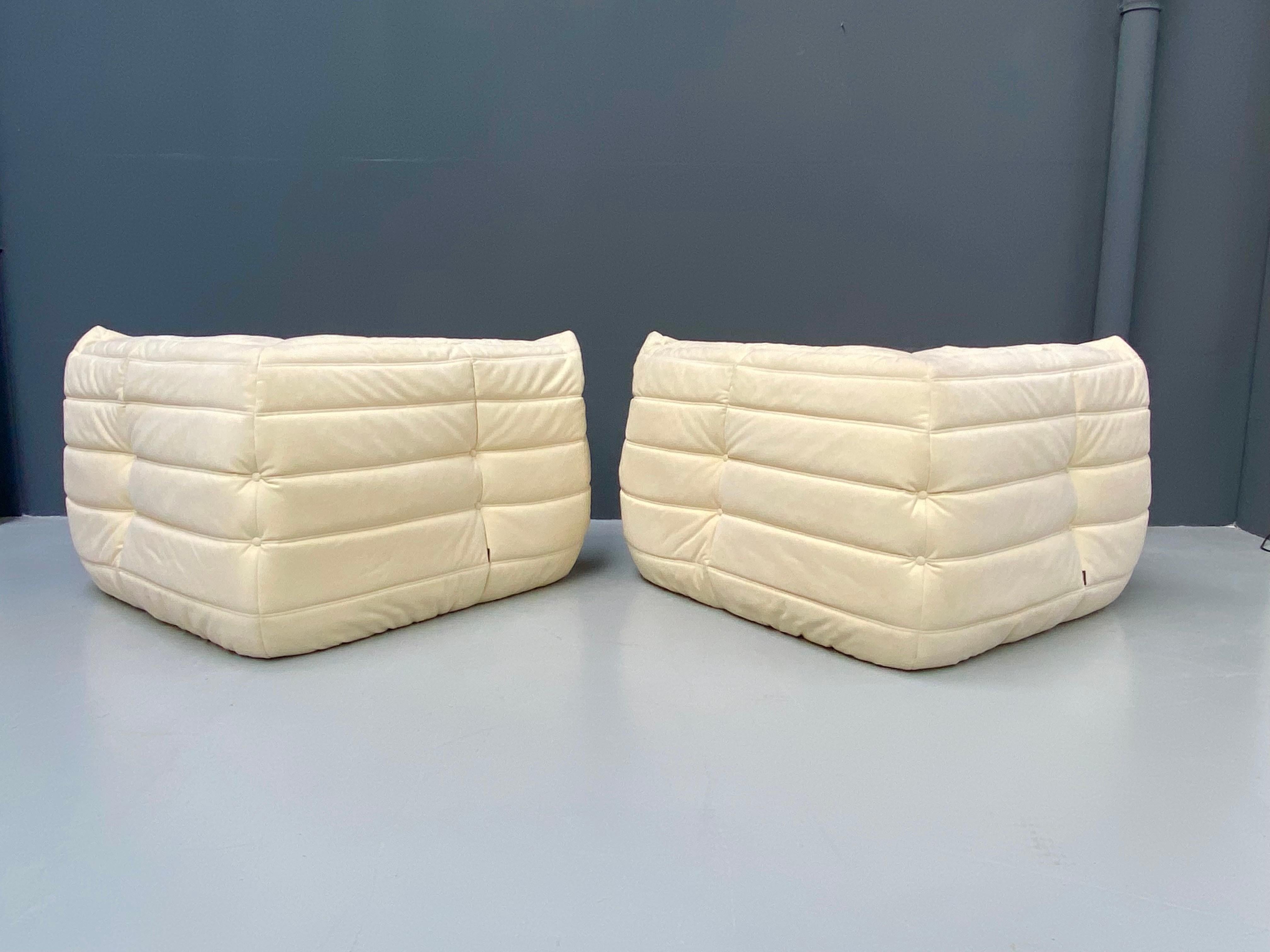 20th Century French Togo Arm Chairs in Alcantara Eggshell by Michel Ducaroy for Ligne Roset.