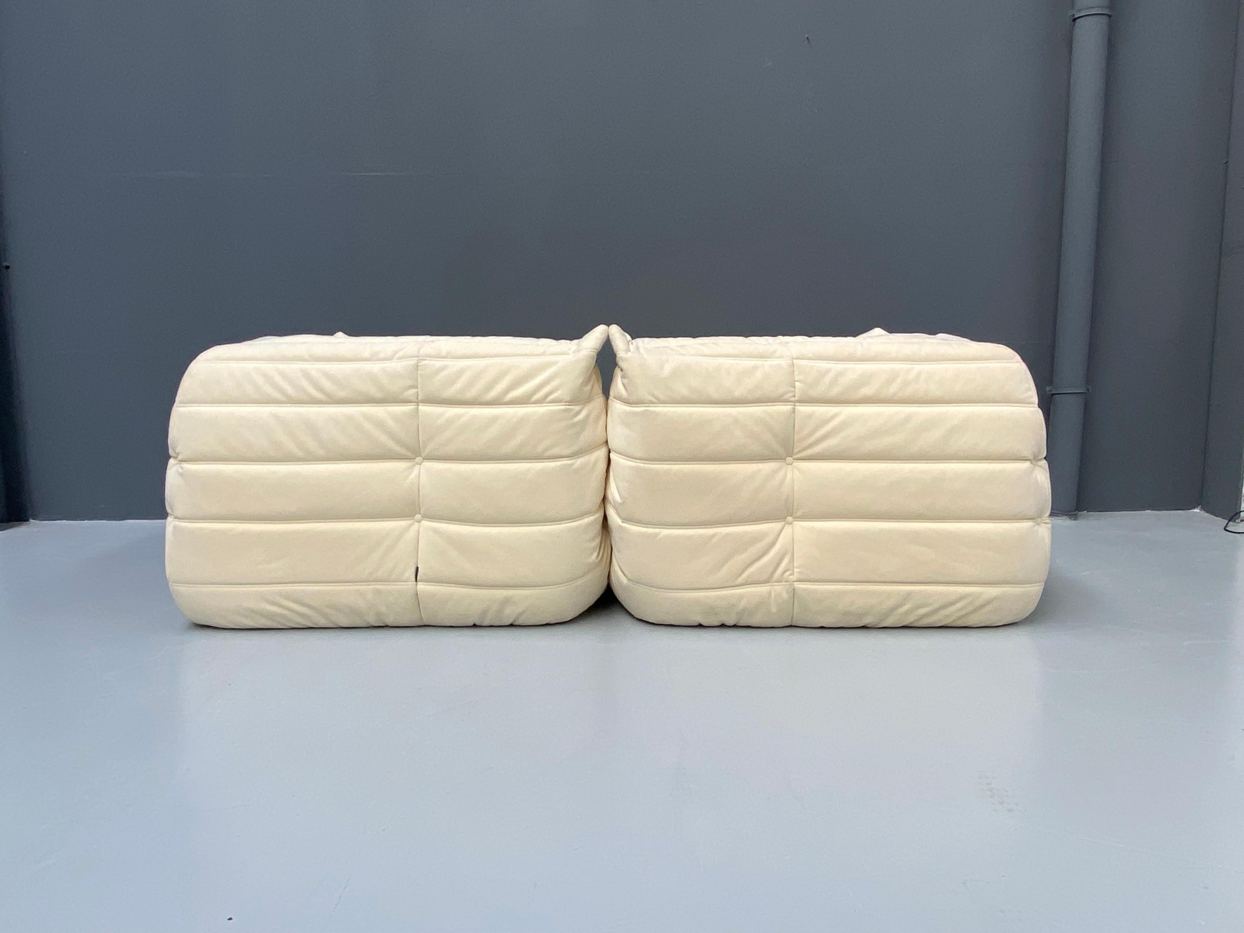 French Togo Arm Chairs in Alcantara Eggshell by Michel Ducaroy for Ligne Roset. 1