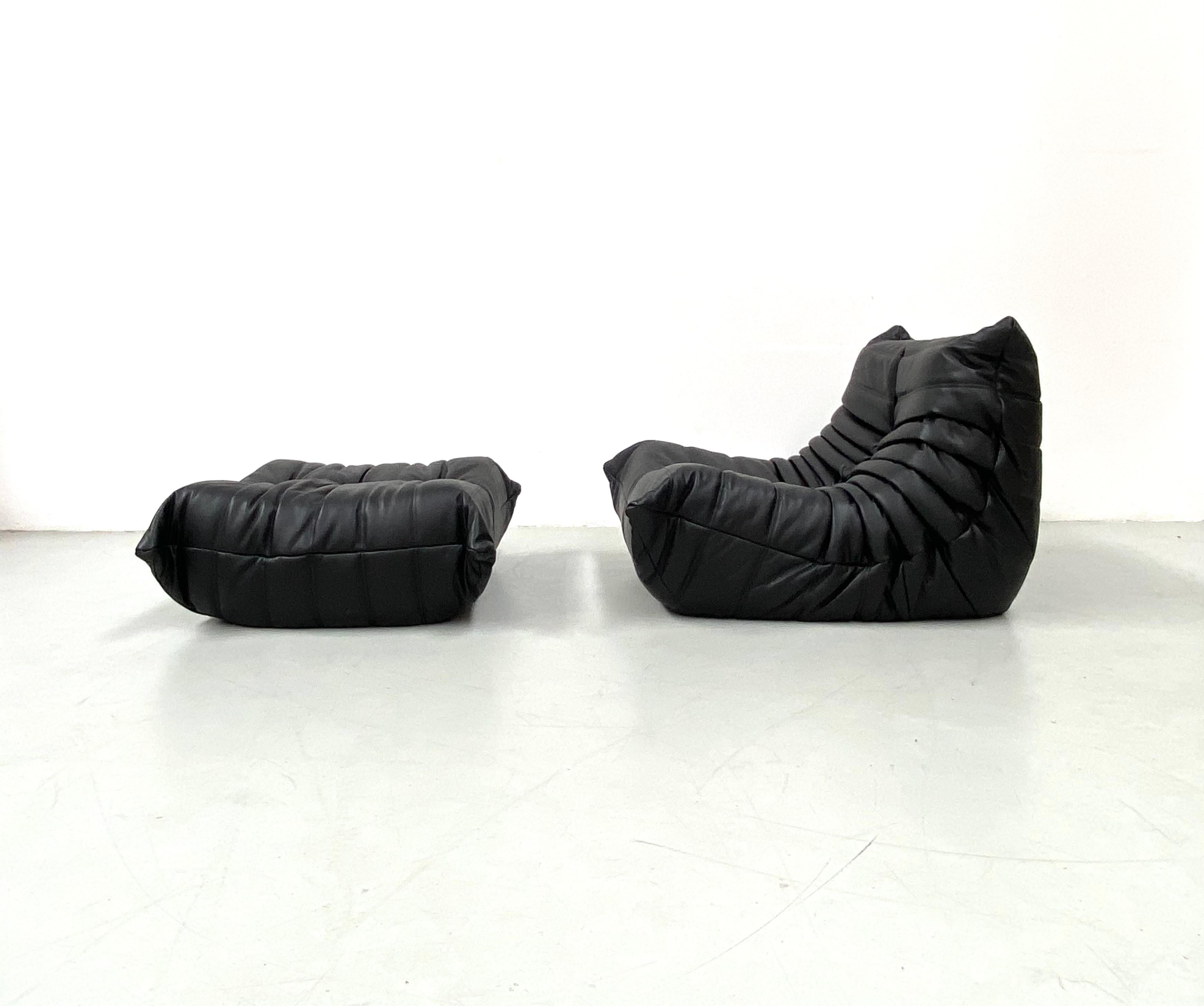 French Togo Chair and Ottoman in Black Leather by M. Ducaroy for Ligne Roset. 1