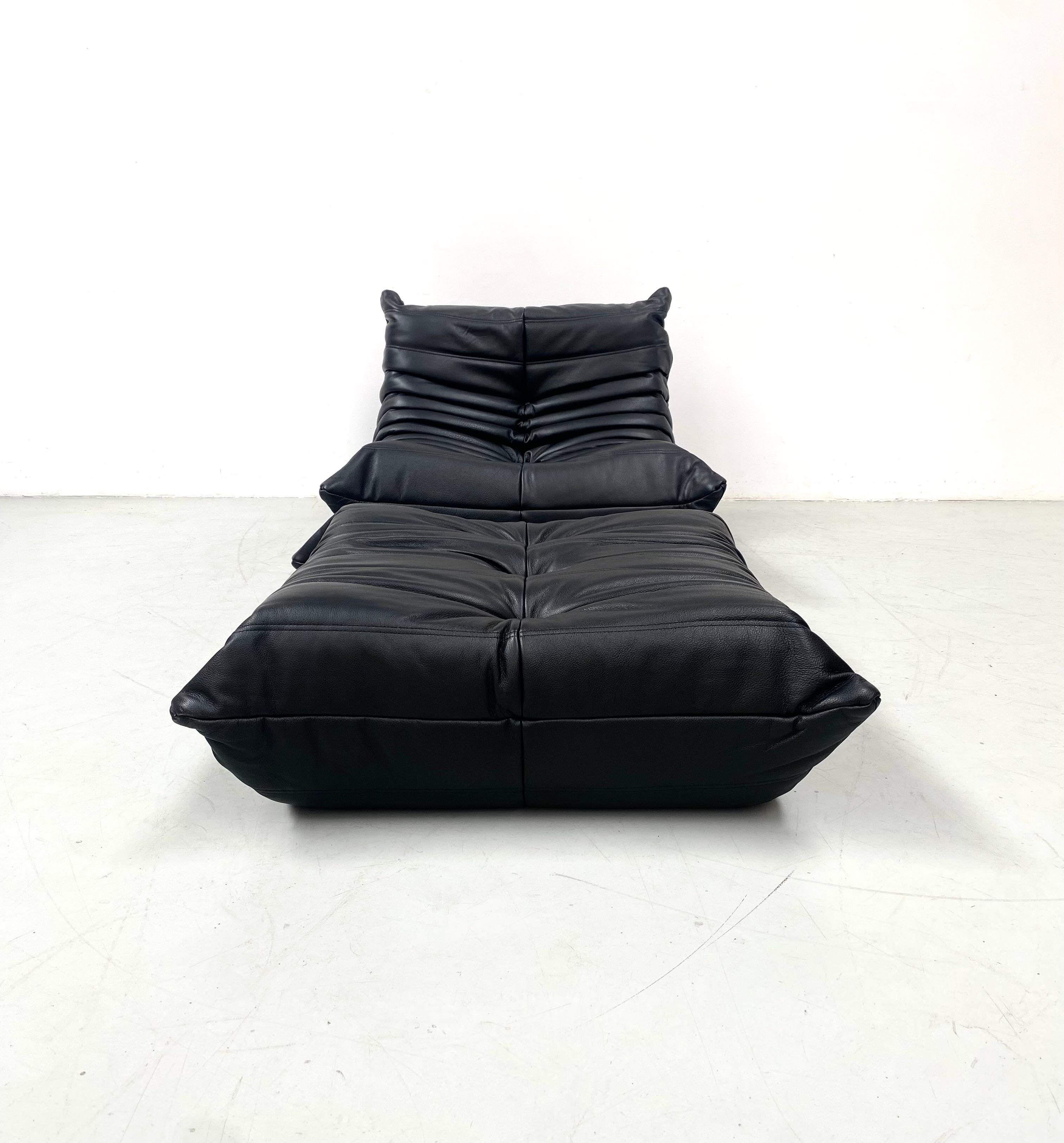 Mid-Century Modern French Togo Chair and Ottoman in Black Leather by M. Ducaroy for Ligne Roset.