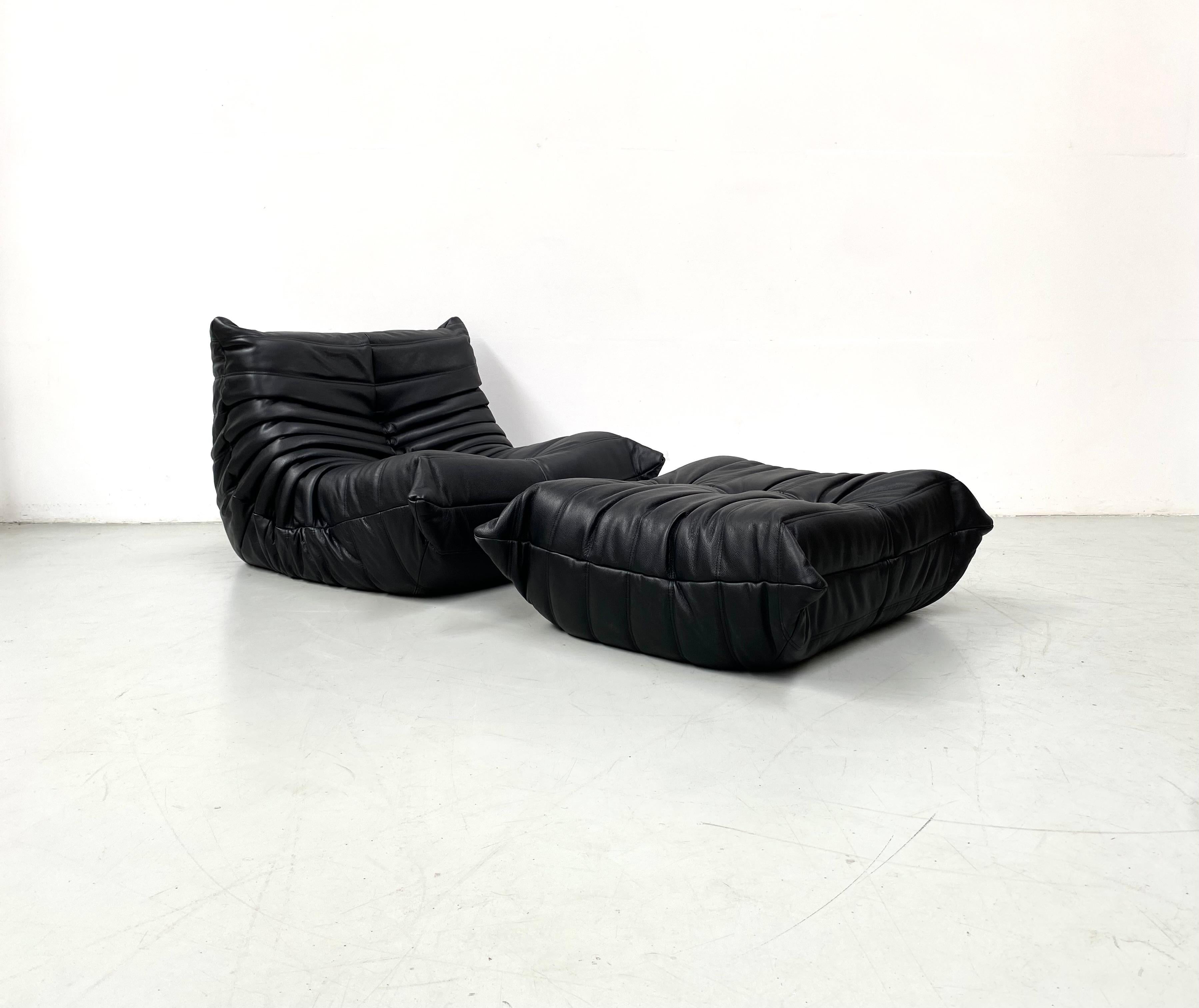 20th Century French Togo Chair and Ottoman in Black Leather by M. Ducaroy for Ligne Roset.