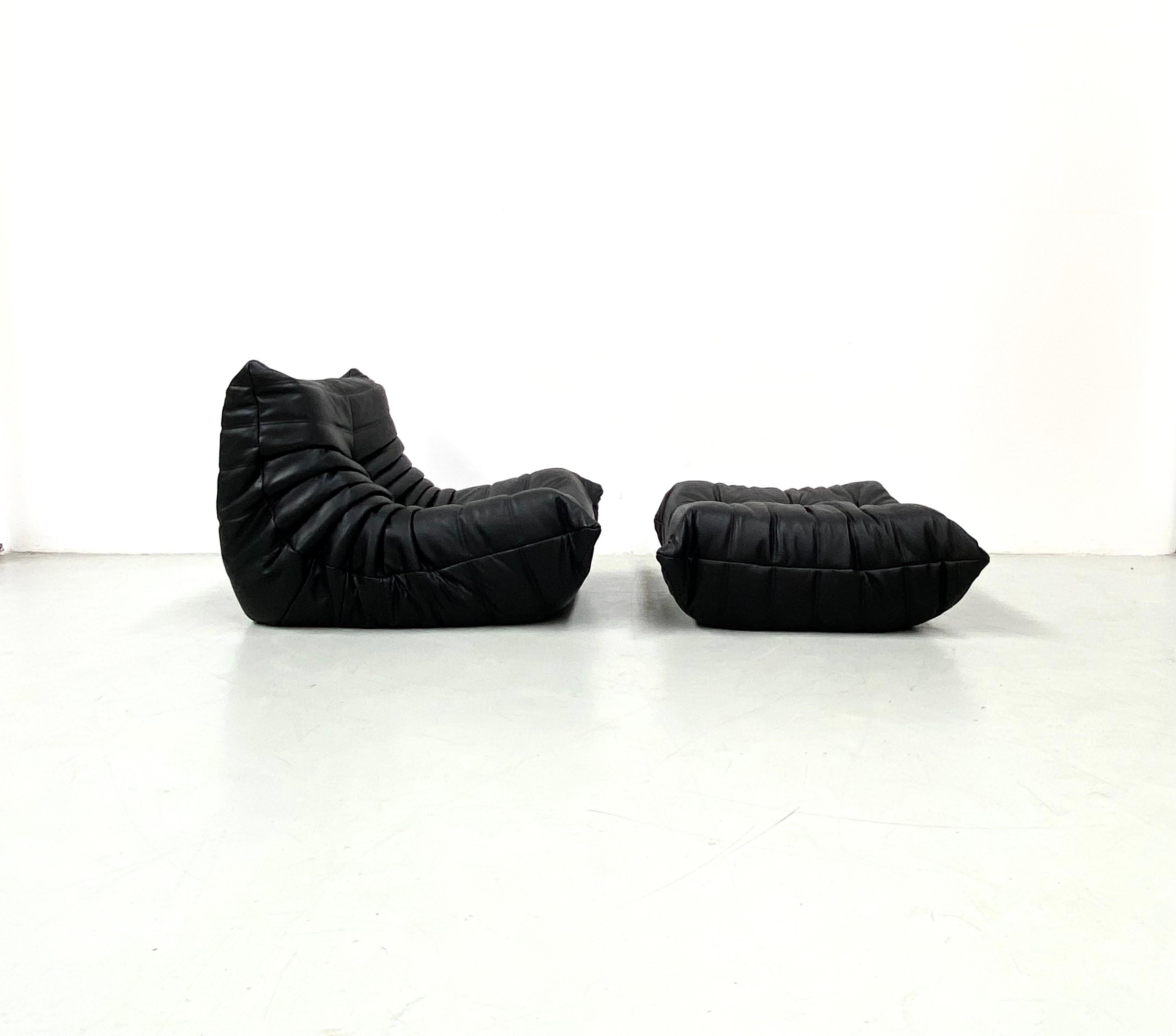 Fabric French Togo Chair and Ottoman in Black Leather by M. Ducaroy for Ligne Roset.