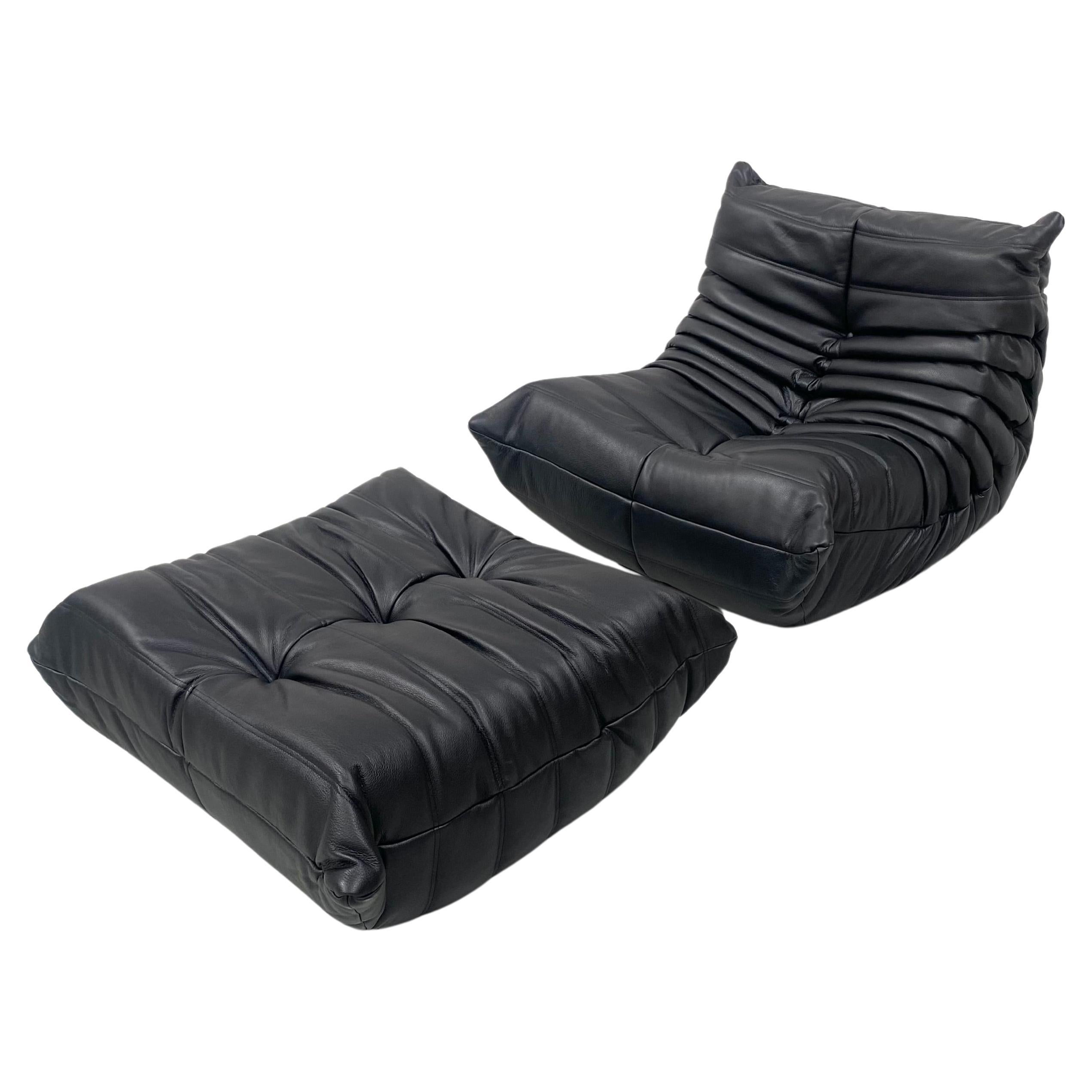French Togo Chair and Ottoman in Black Leather by M. Ducaroy for Ligne Roset.