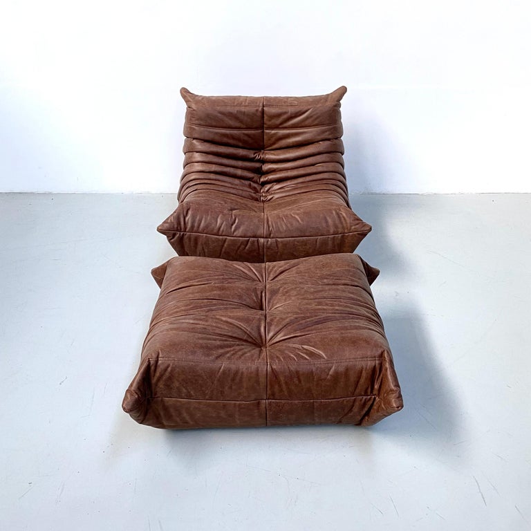French Togo Chair and Ottoman in Brown Leather by M. Ducaroy for Ligne Roset. For Sale at 1stDibs