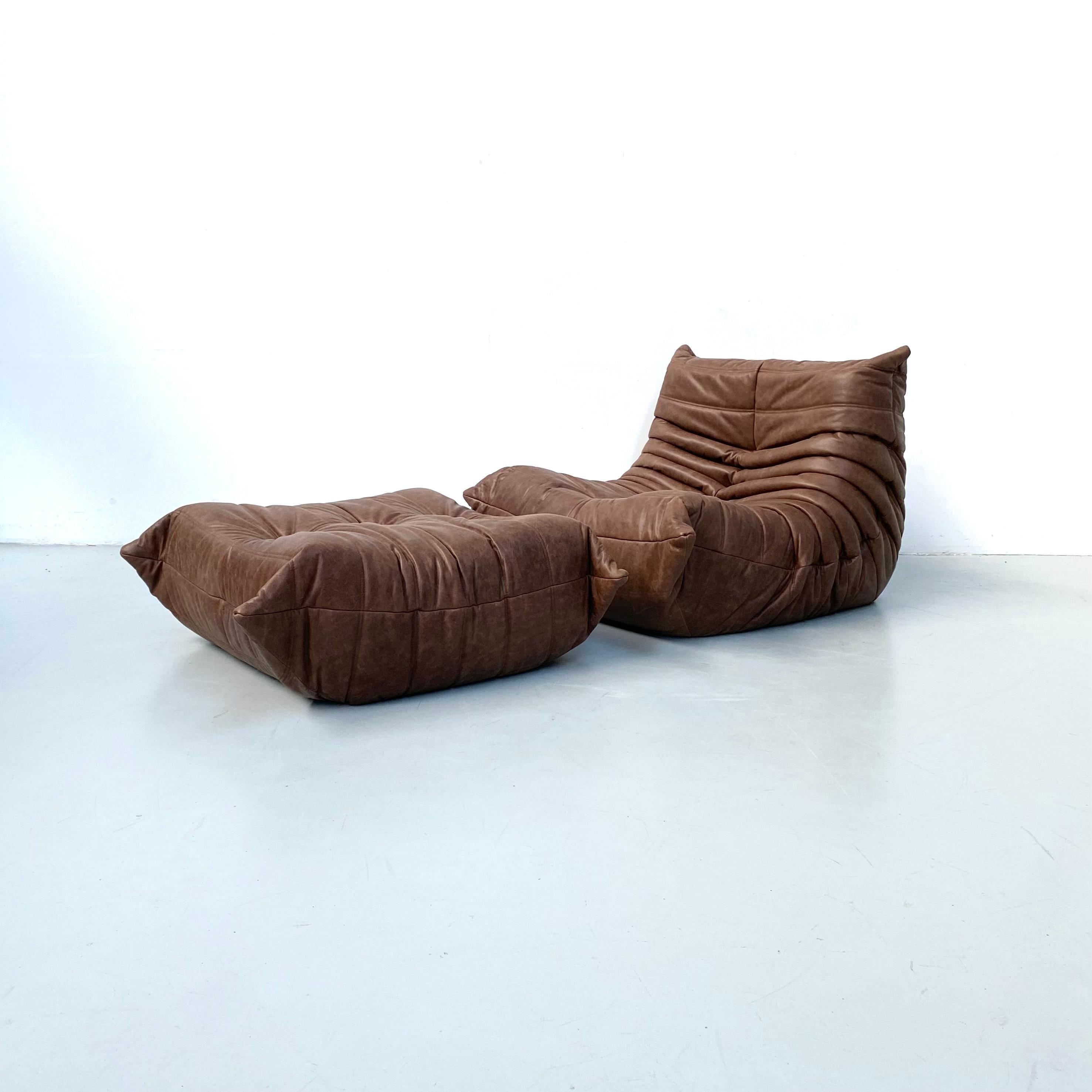 20th Century French Togo Chair and Ottoman in Brown Leather by M. Ducaroy for Ligne Roset