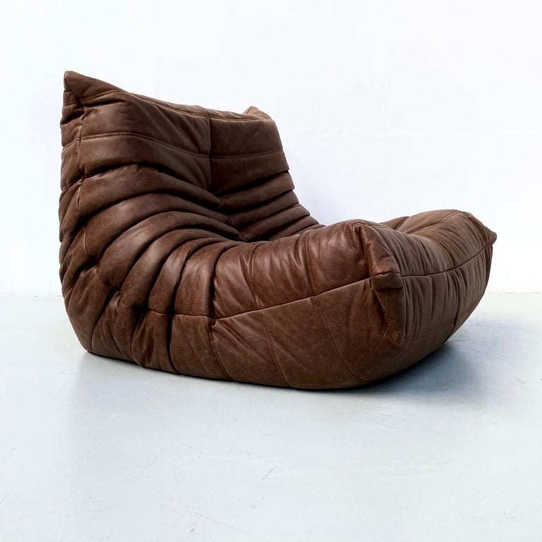 French Togo Chair and Ottoman in Brown Leather by M. Ducaroy for Ligne Roset. For Sale at 1stDibs