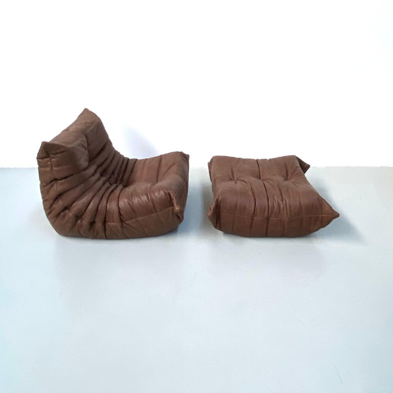 French Togo Chair and Ottoman in Brown Leather by M. Ducaroy for Ligne Roset For Sale at 1stDibs