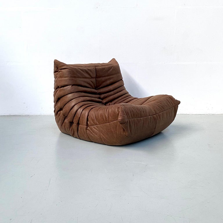 French Togo Chair and Ottoman in Brown Leather by M. Ducaroy for Ligne Roset For Sale at 1stDibs