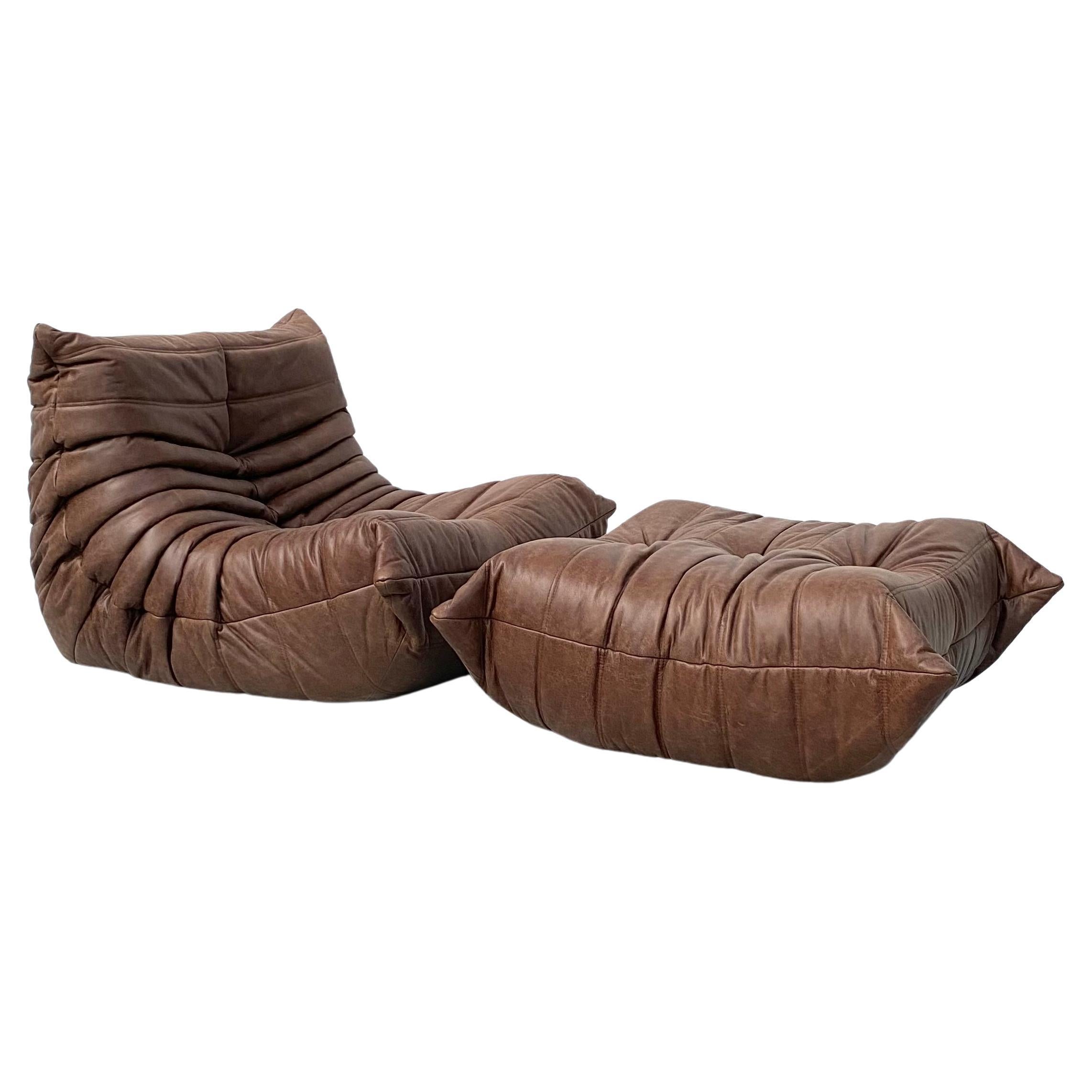 French Togo Chair and Ottoman in Brown Leather by M. Ducaroy for Ligne Roset.