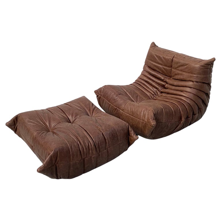 French Togo Chair and Ottoman in Brown Leather by M. Ducaroy for Ligne Roset For Sale at 1stDibs