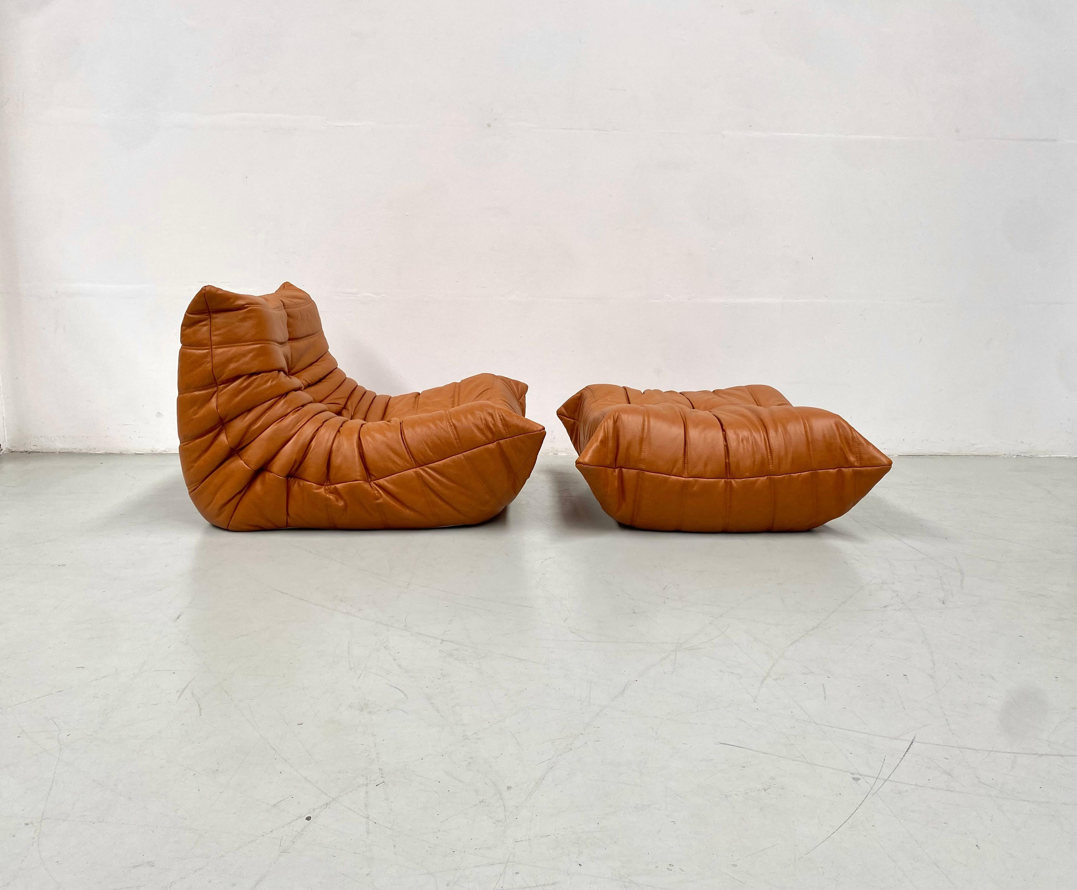 French Togo Chair and Ottoman in Cognac Leather by M. Ducaroy for Ligne Roset 1
