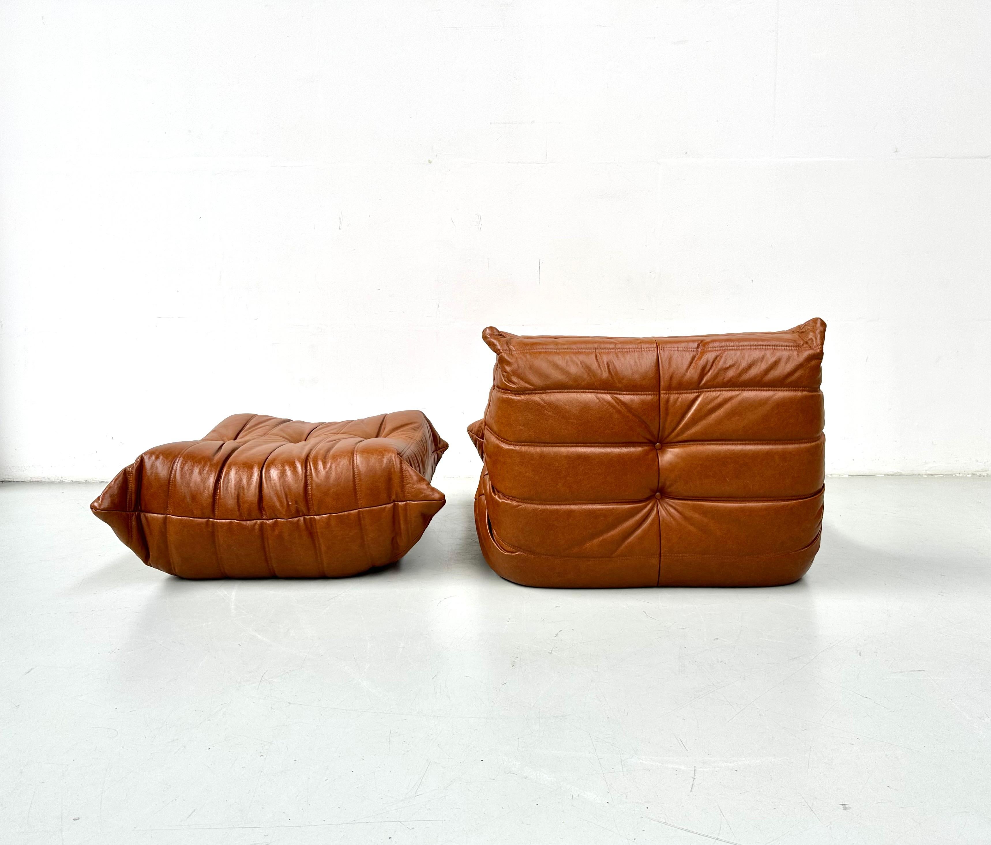 French Togo Chair and Ottoman in Cognac Leather by M. Ducaroy for Ligne Roset. For Sale 4