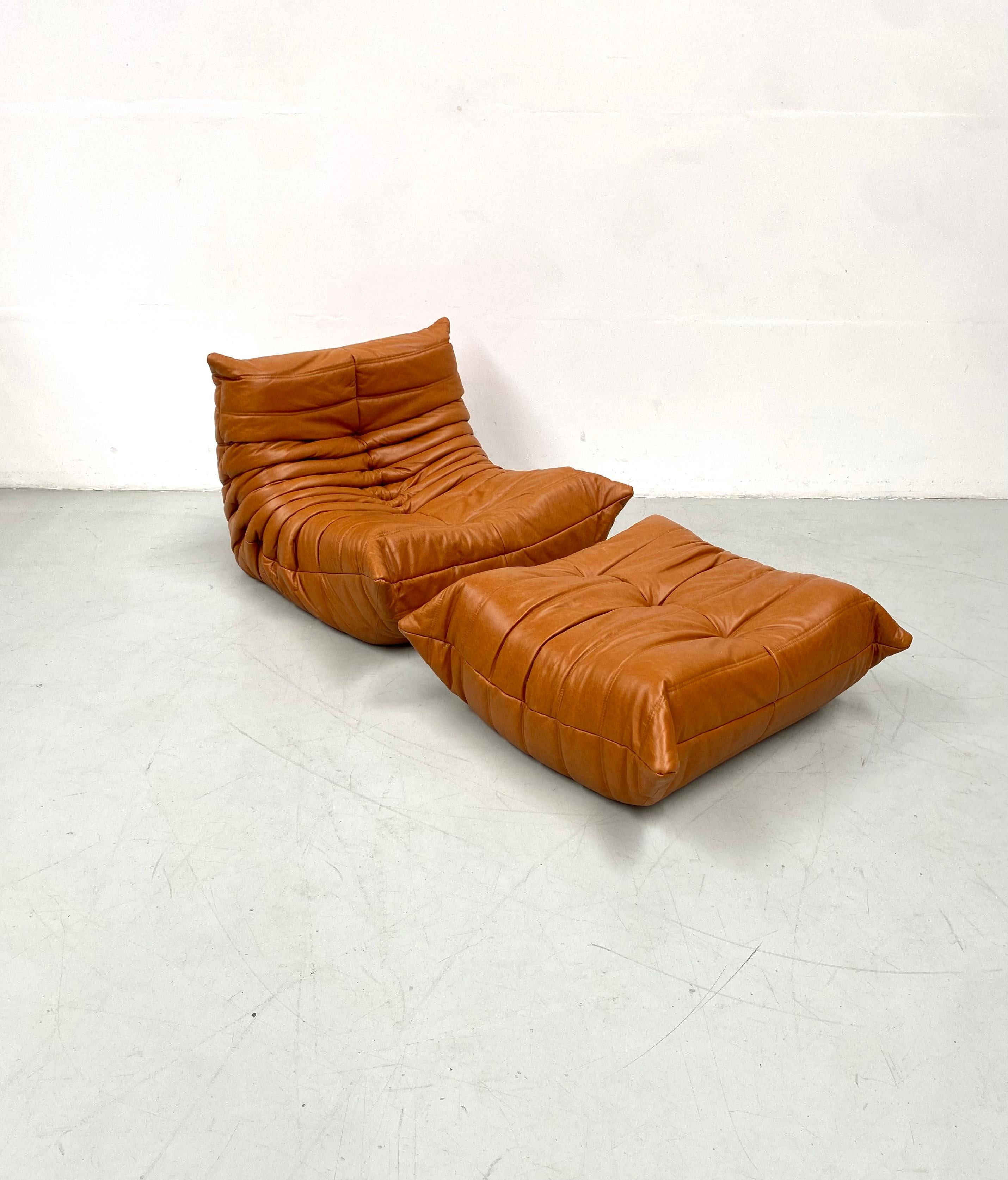 Mid-Century Modern French Togo Chair and Ottoman in Cognac Leather by M. Ducaroy for Ligne Roset