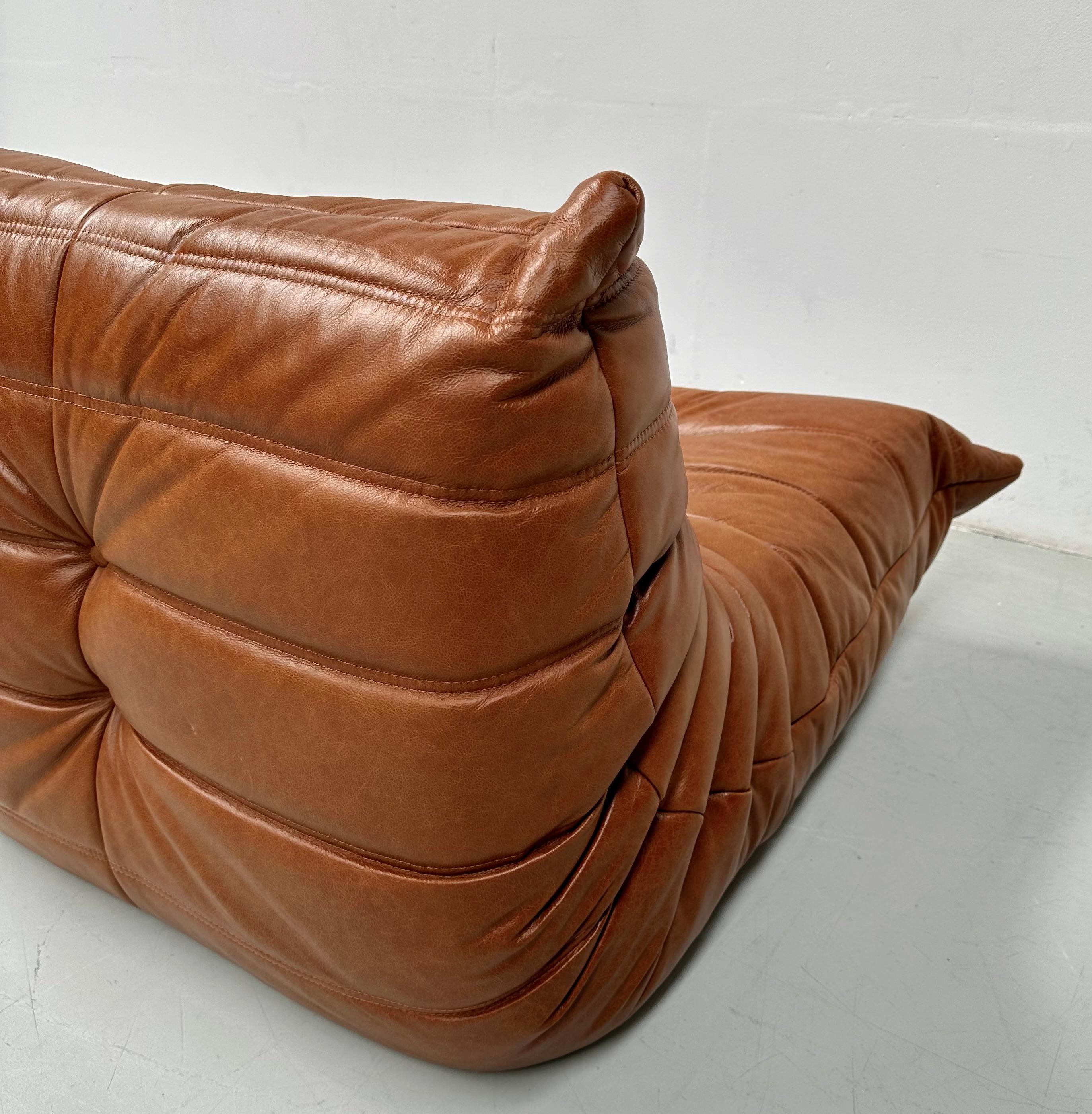 Fabric French Togo Chair and Ottoman in Cognac Leather by M. Ducaroy for Ligne Roset. For Sale