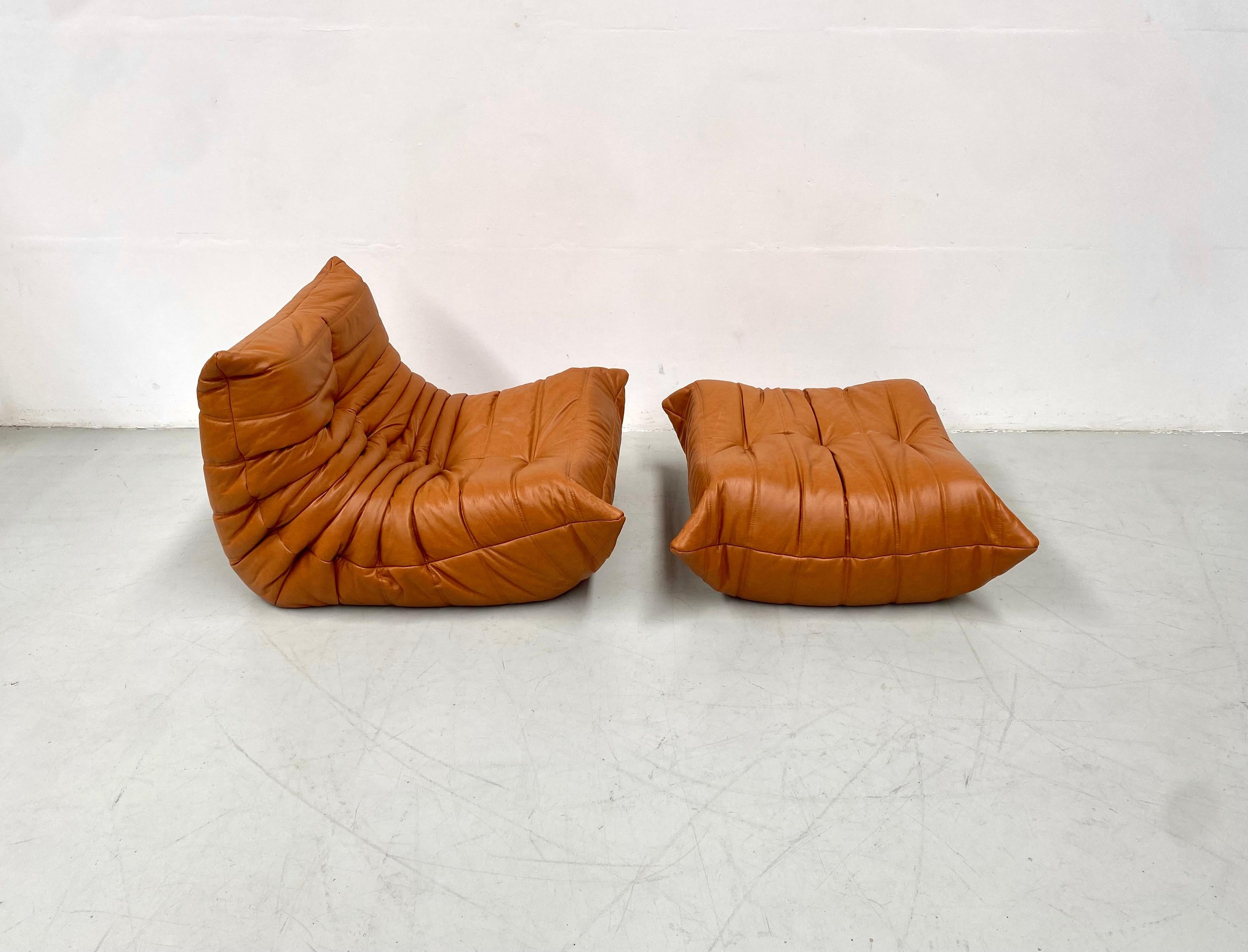 20th Century French Togo Chair and Ottoman in Cognac Leather by M. Ducaroy for Ligne Roset