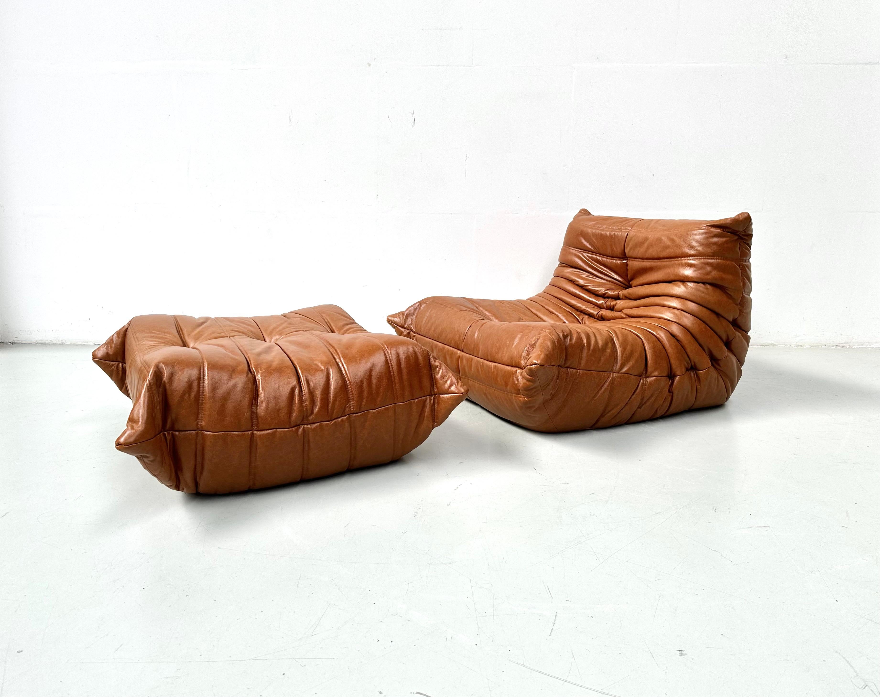 French Togo Chair and Ottoman in Cognac Leather by M. Ducaroy for Ligne Roset. For Sale 1