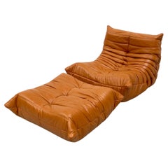 French Togo Chair and Ottoman in Cognac Leather by M. Ducaroy for Ligne Roset