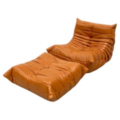 French Togo Chair and Ottoman in Cognac Leather by M. Ducaroy for Ligne Roset.