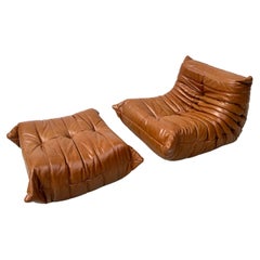 Vintage French Togo Chair and Ottoman in Cognac Leather by M. Ducaroy for Ligne Roset.