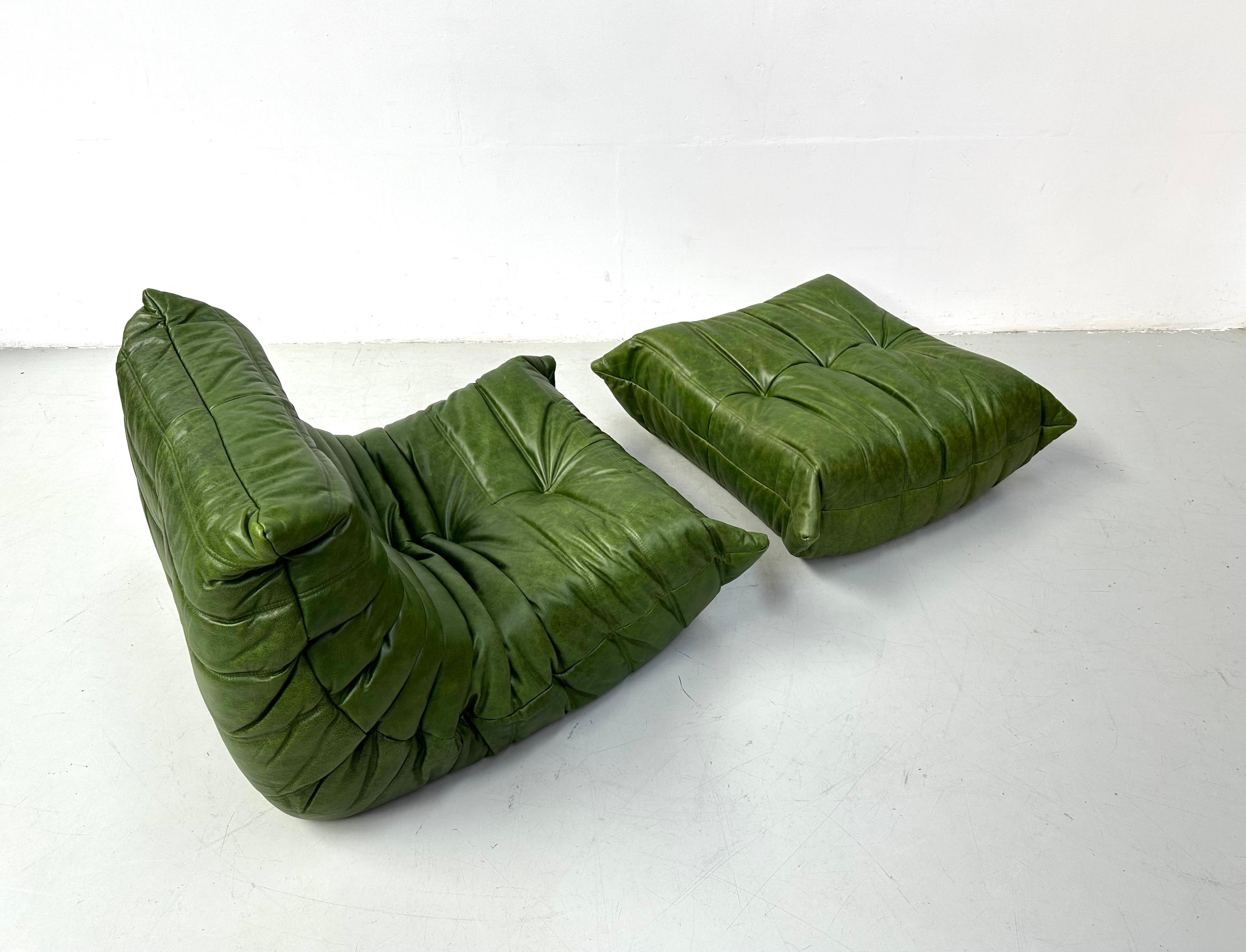 French Togo Chair and Ottoman in Green Leather by M. Ducaroy for Ligne Roset. 1