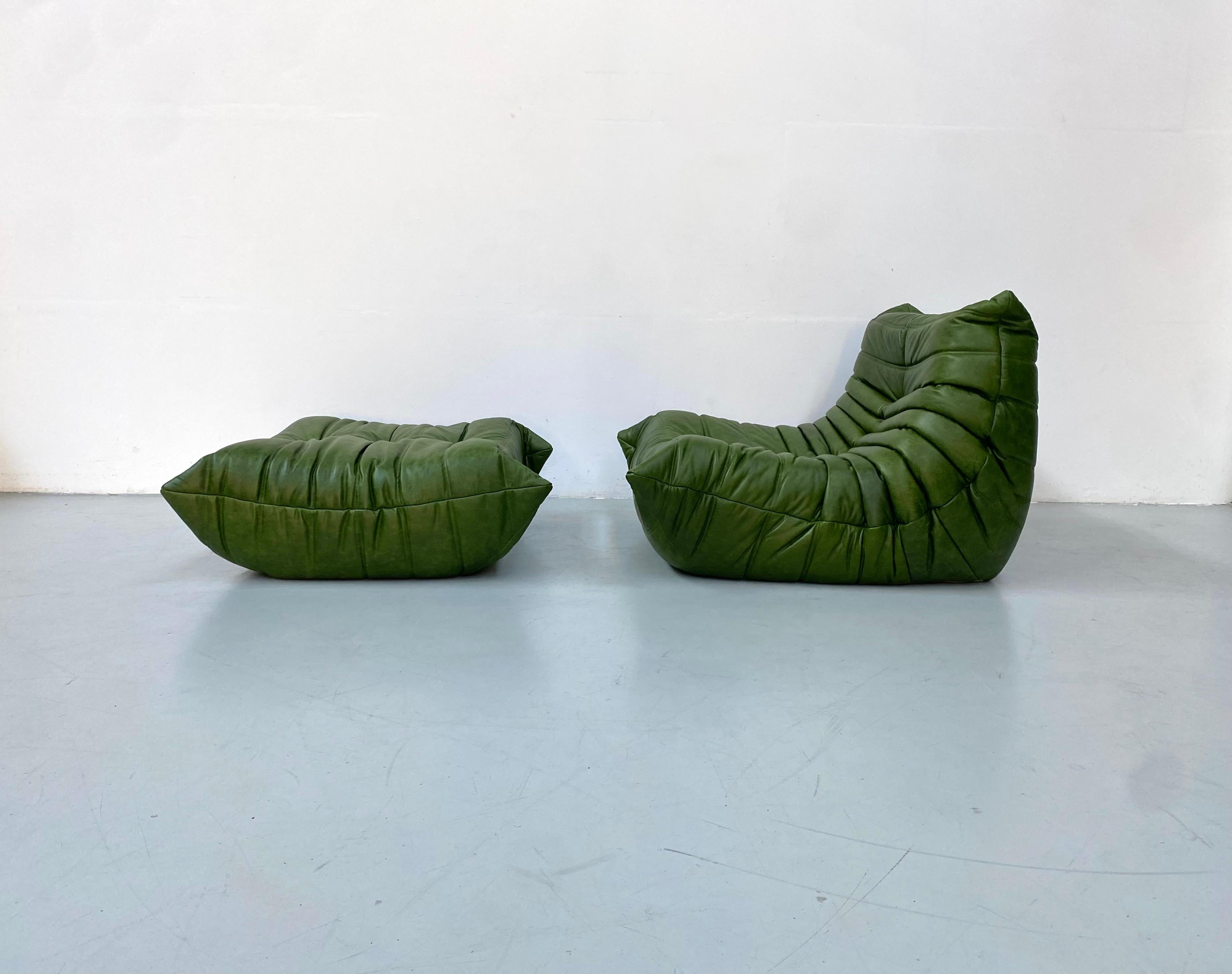 French Togo Chair and Ottoman in Green Leather by M. Ducaroy for Ligne Roset. 2