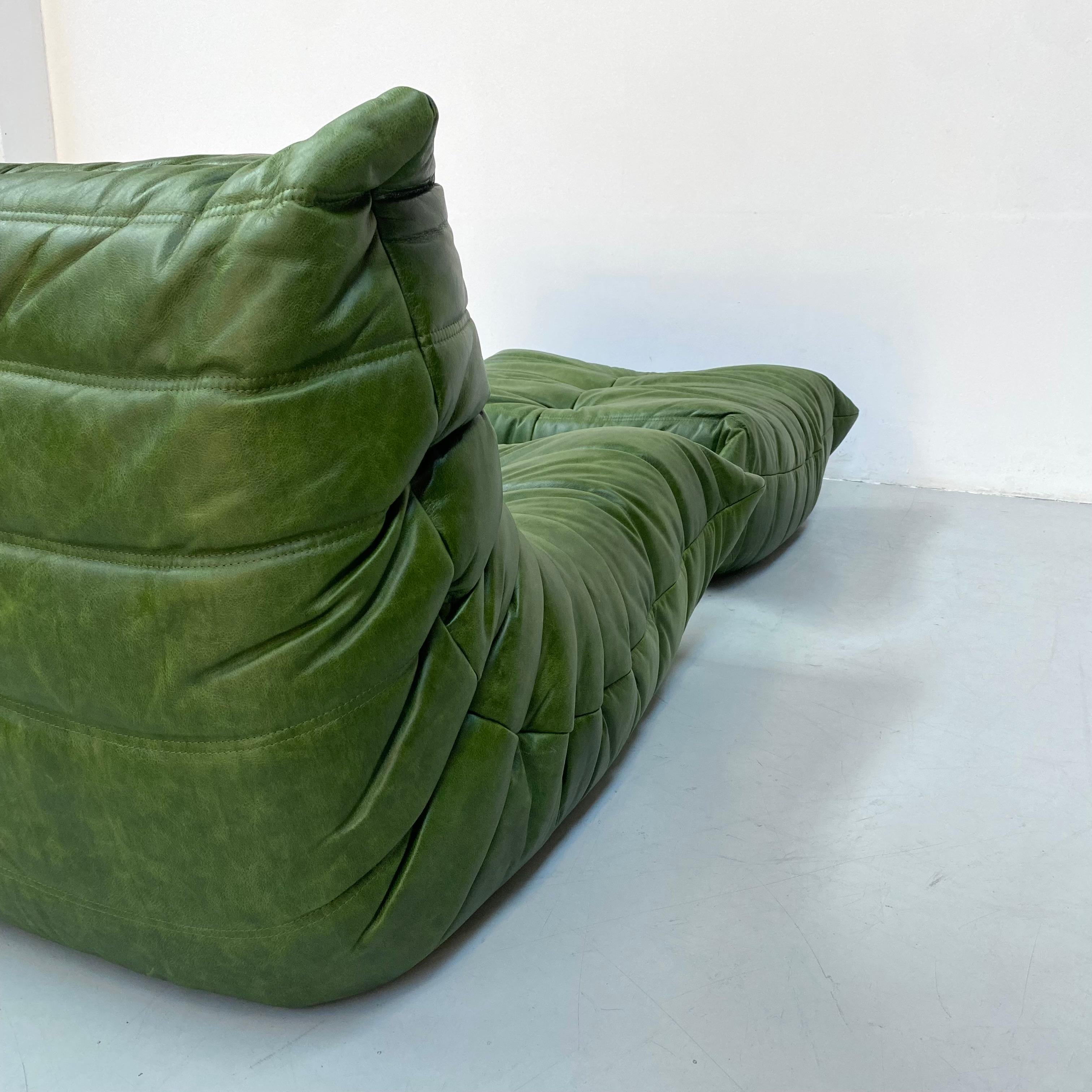 French Togo Chair and Ottoman in Green Leather by M. Ducaroy for Ligne Roset. 3