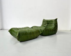French Togo Chair and Ottoman in Green Leather by M. Ducaroy for Ligne Roset.