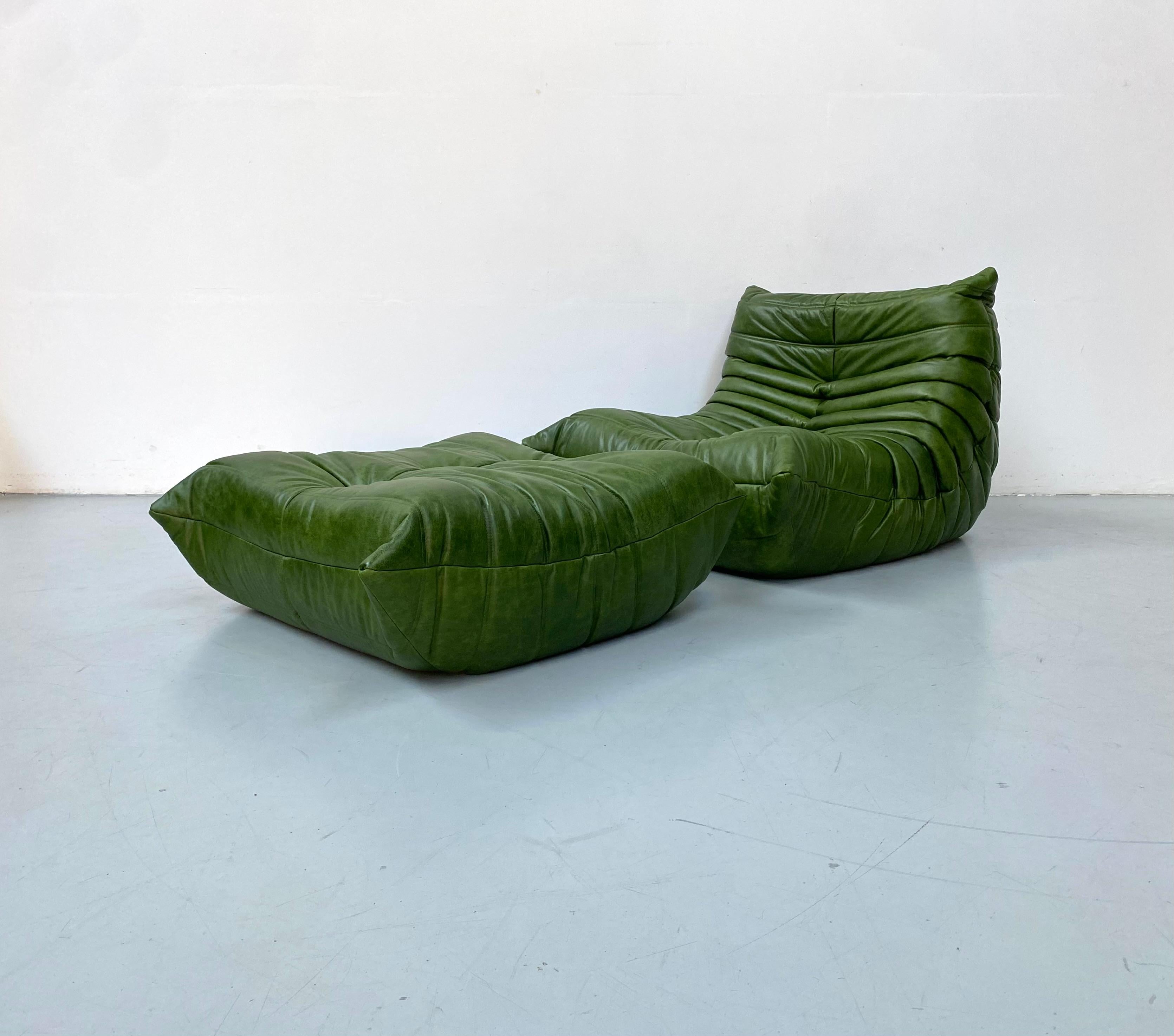 Mid-Century Modern French Togo Chair and Ottoman in Green Leather by M. Ducaroy for Ligne Roset.