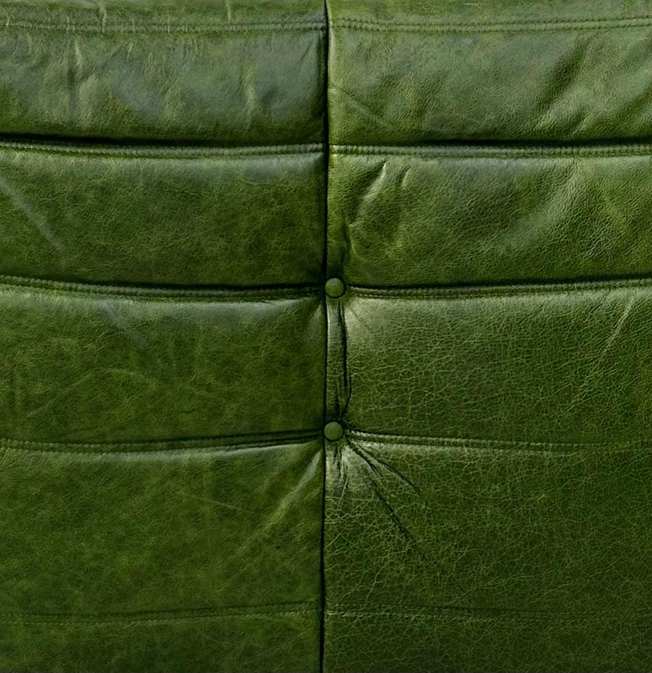 French Togo Chair and Ottoman in Green Leather by M. Ducaroy for Ligne Roset. In Excellent Condition In Eindhoven, Noord Brabant