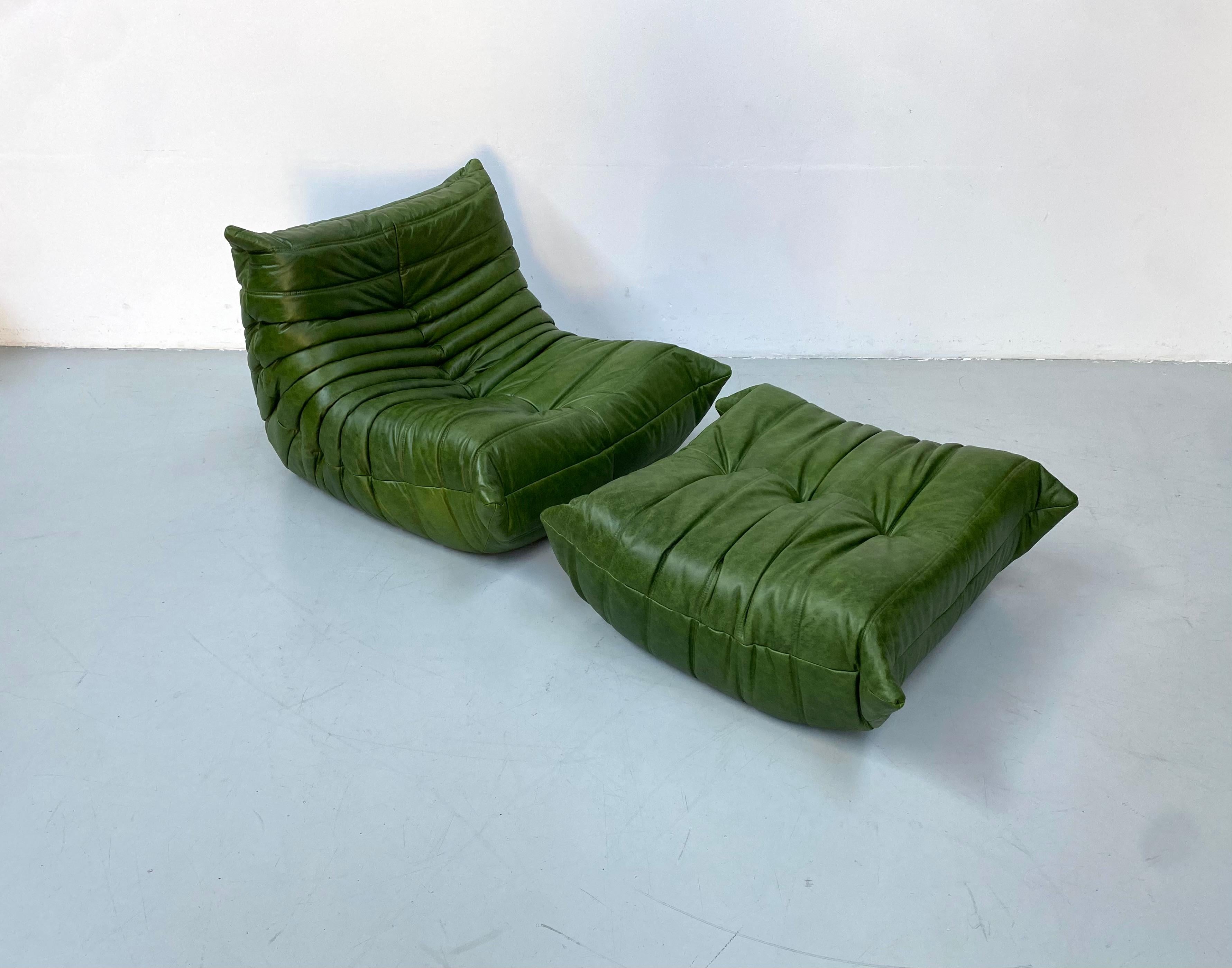 20th Century French Togo Chair and Ottoman in Green Leather by M. Ducaroy for Ligne Roset.
