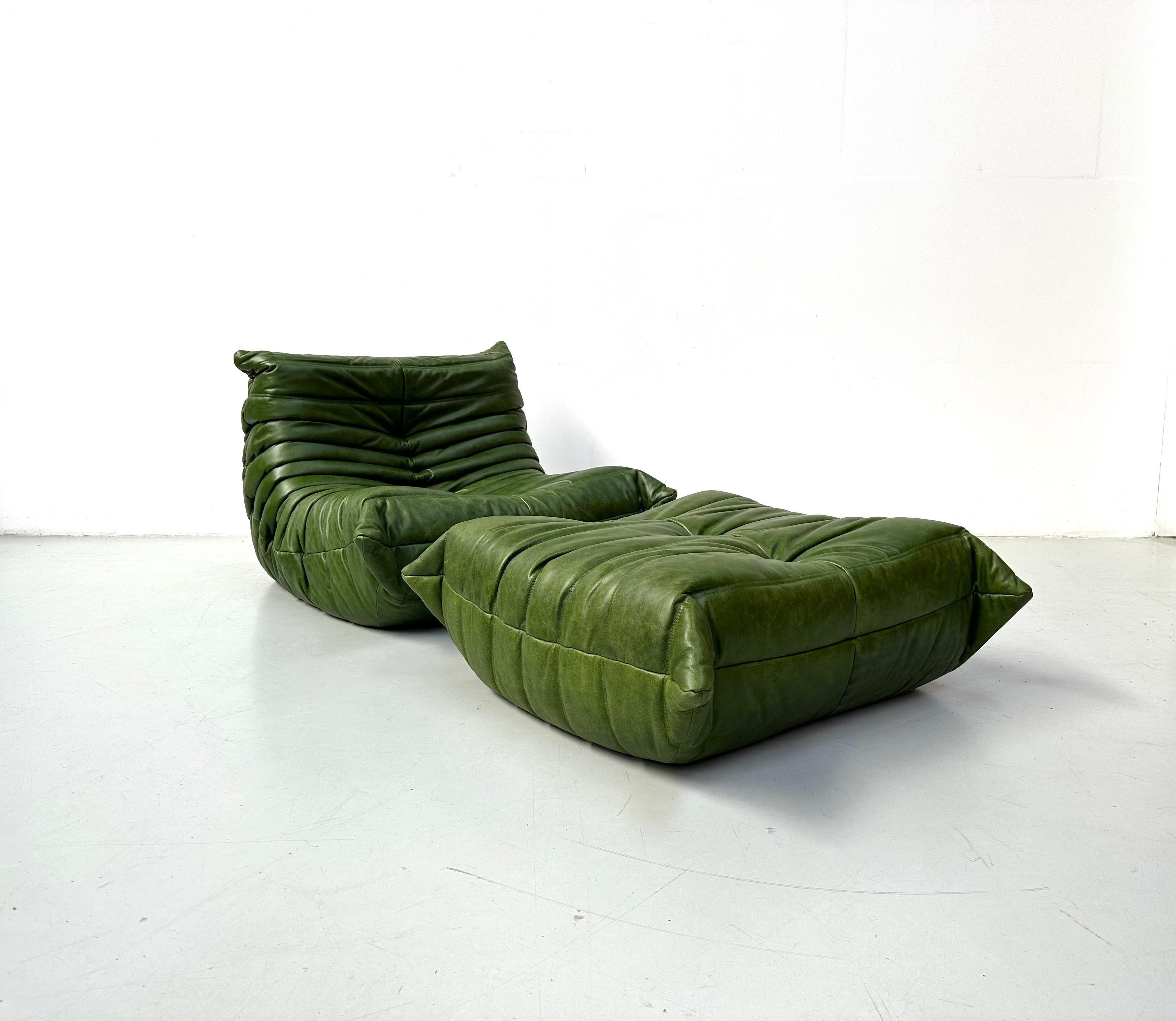 20th Century French Togo Chair and Ottoman in Green Leather by M. Ducaroy for Ligne Roset.