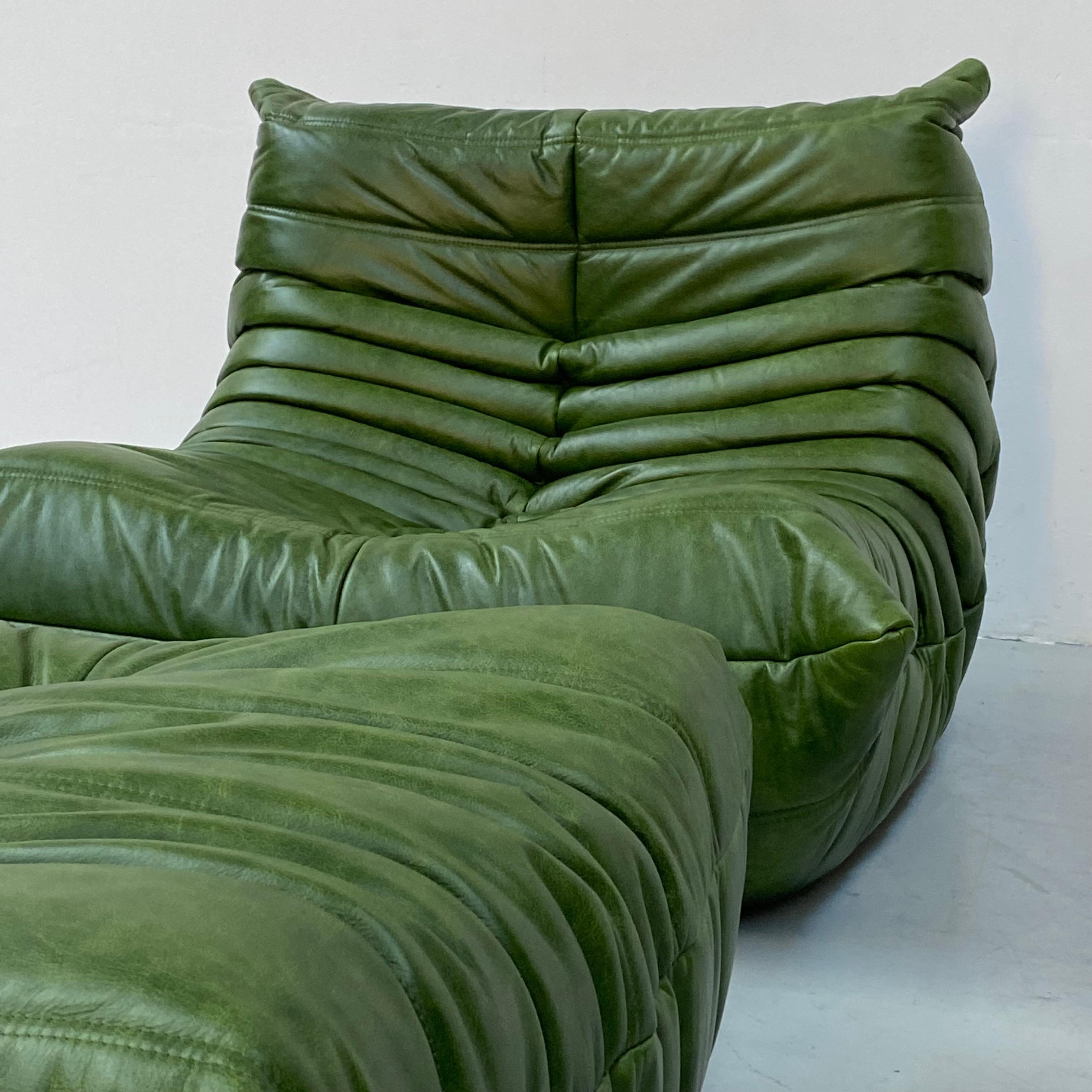Fabric French Togo Chair and Ottoman in Green Leather by M. Ducaroy for Ligne Roset.