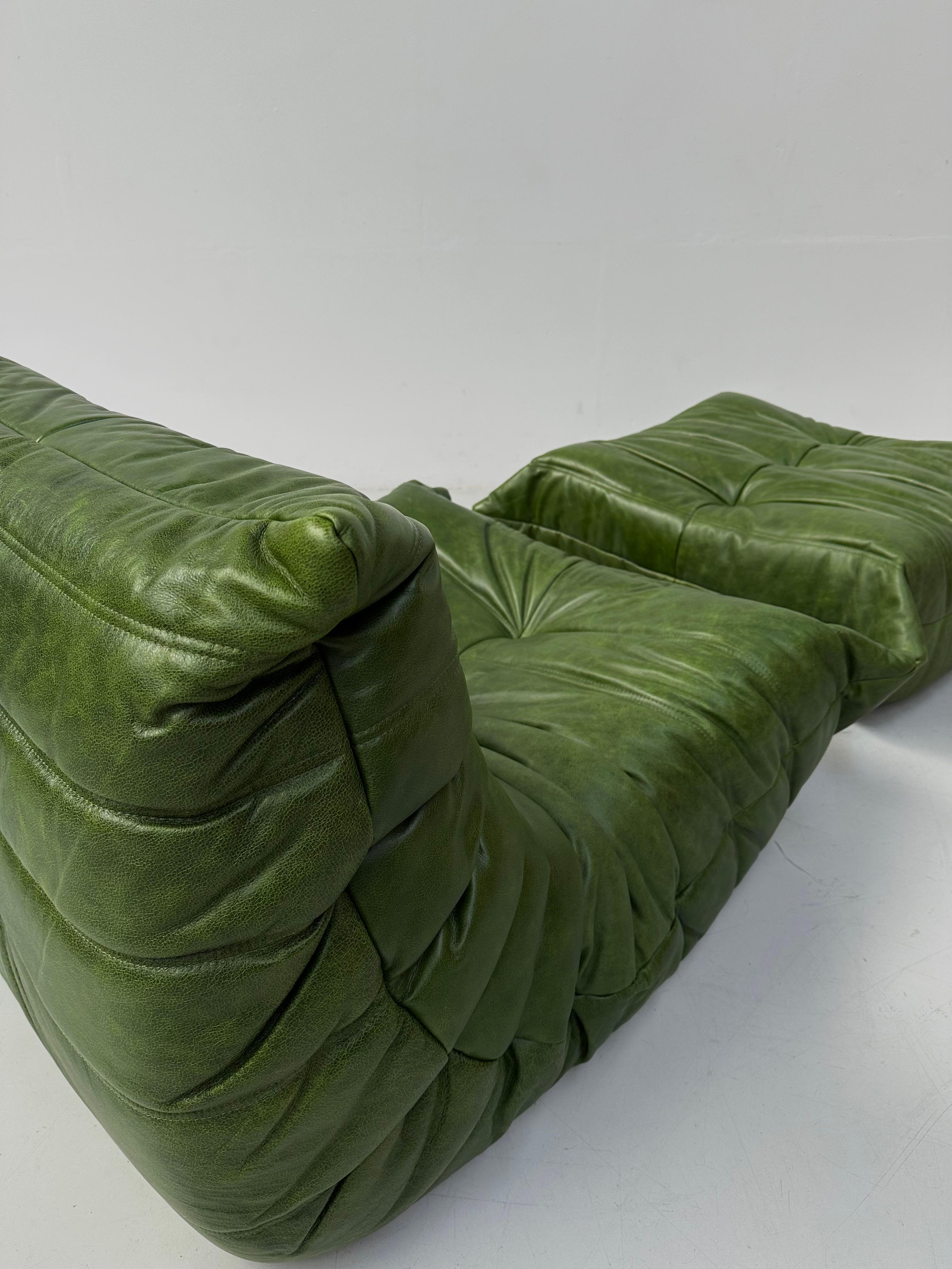 Foam French Togo Chair and Ottoman in Green Leather by M. Ducaroy for Ligne Roset.