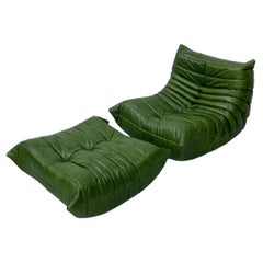 Vintage French Togo Chair and Ottoman in Green Leather by M. Ducaroy for Ligne Roset.