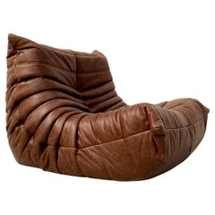 French Togo Chair in Chestnut Leather by Michel Ducaroy for Ligne Roset, 1970s