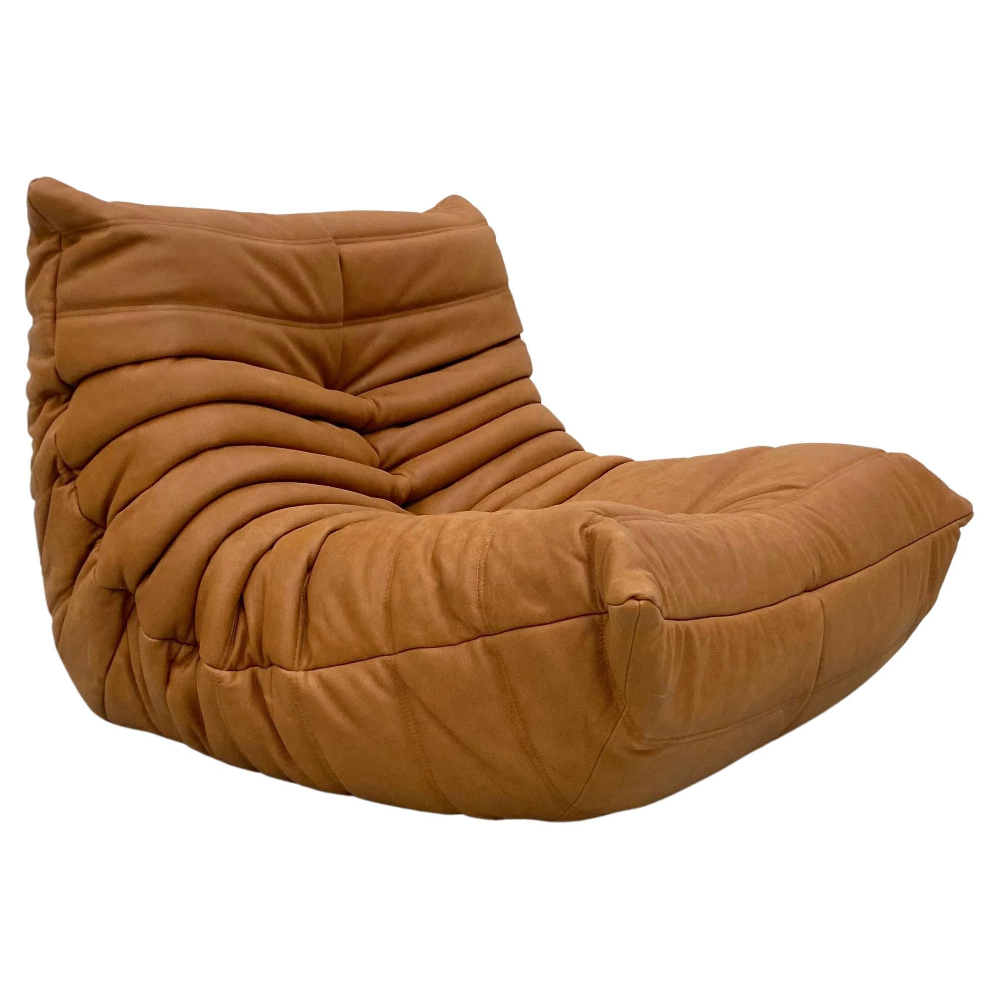 Mid-Century Modern French Togo Chair in Cognac Leather by Michel Ducaroy for Ligne Roset, 1970s