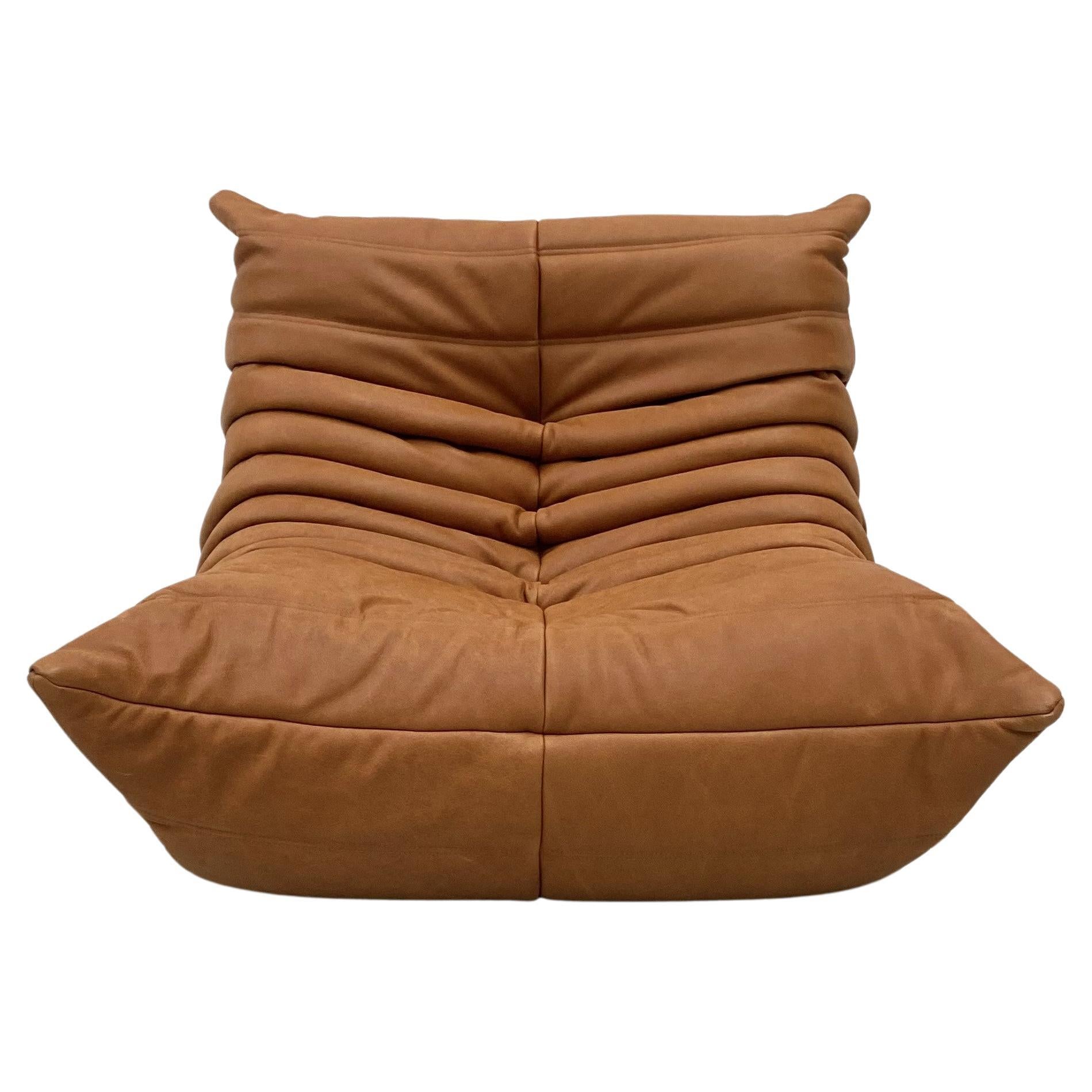 Vintage French Togo Chair in Taupe Leather by Michel Ducaroy for Ligne