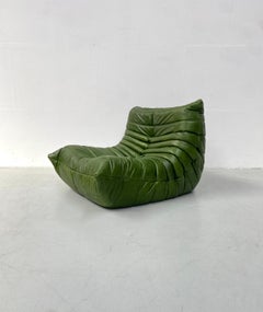 French Togo Chair in Green Leather by Michel Ducaroy for Ligne Roset, 1974.