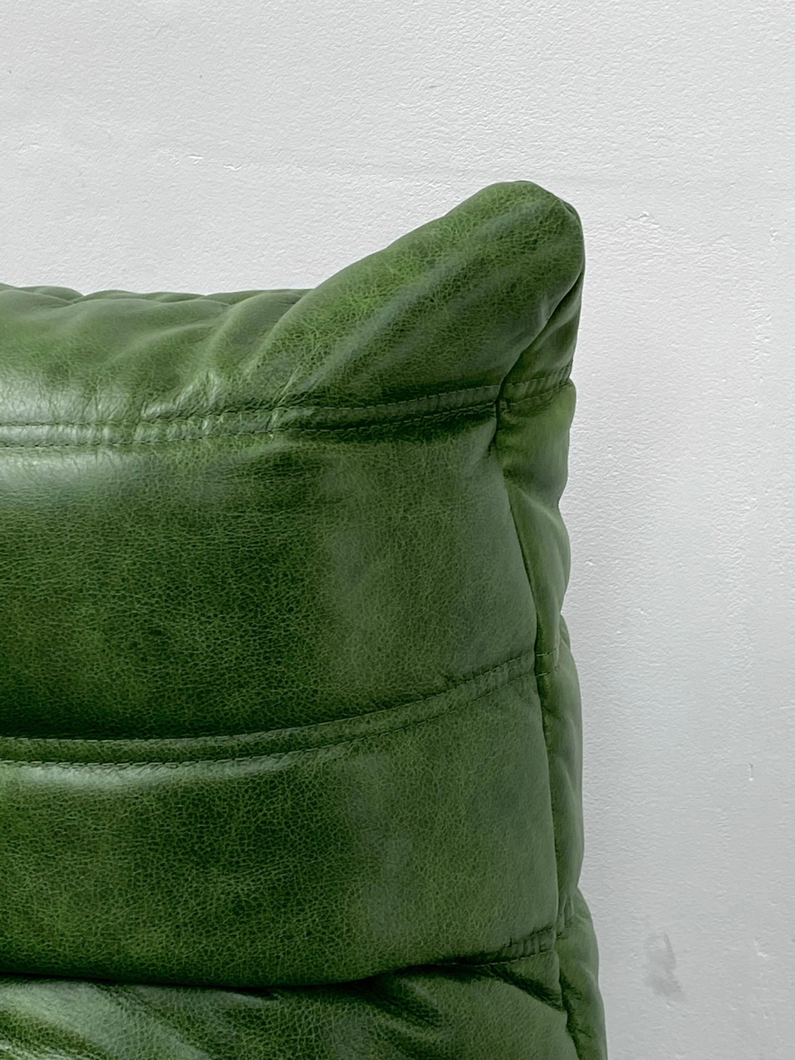 Mid-Century Modern French Togo Chair in Green Leather by Michel Ducaroy for Ligne Roset, 1974. For Sale