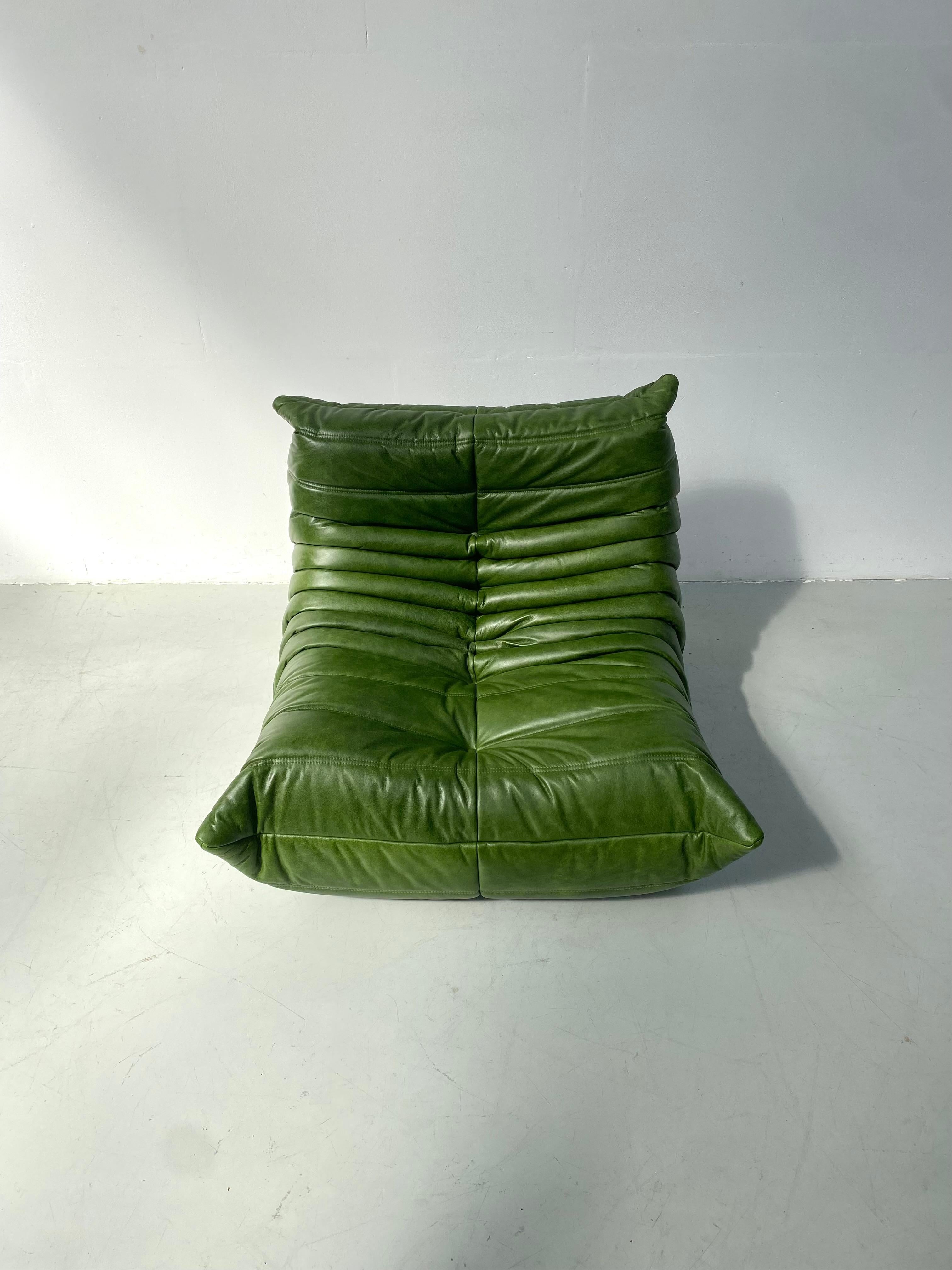 Mid-Century Modern French Togo Chair in Green Leather by Michel Ducaroy for Ligne Roset, 1974.