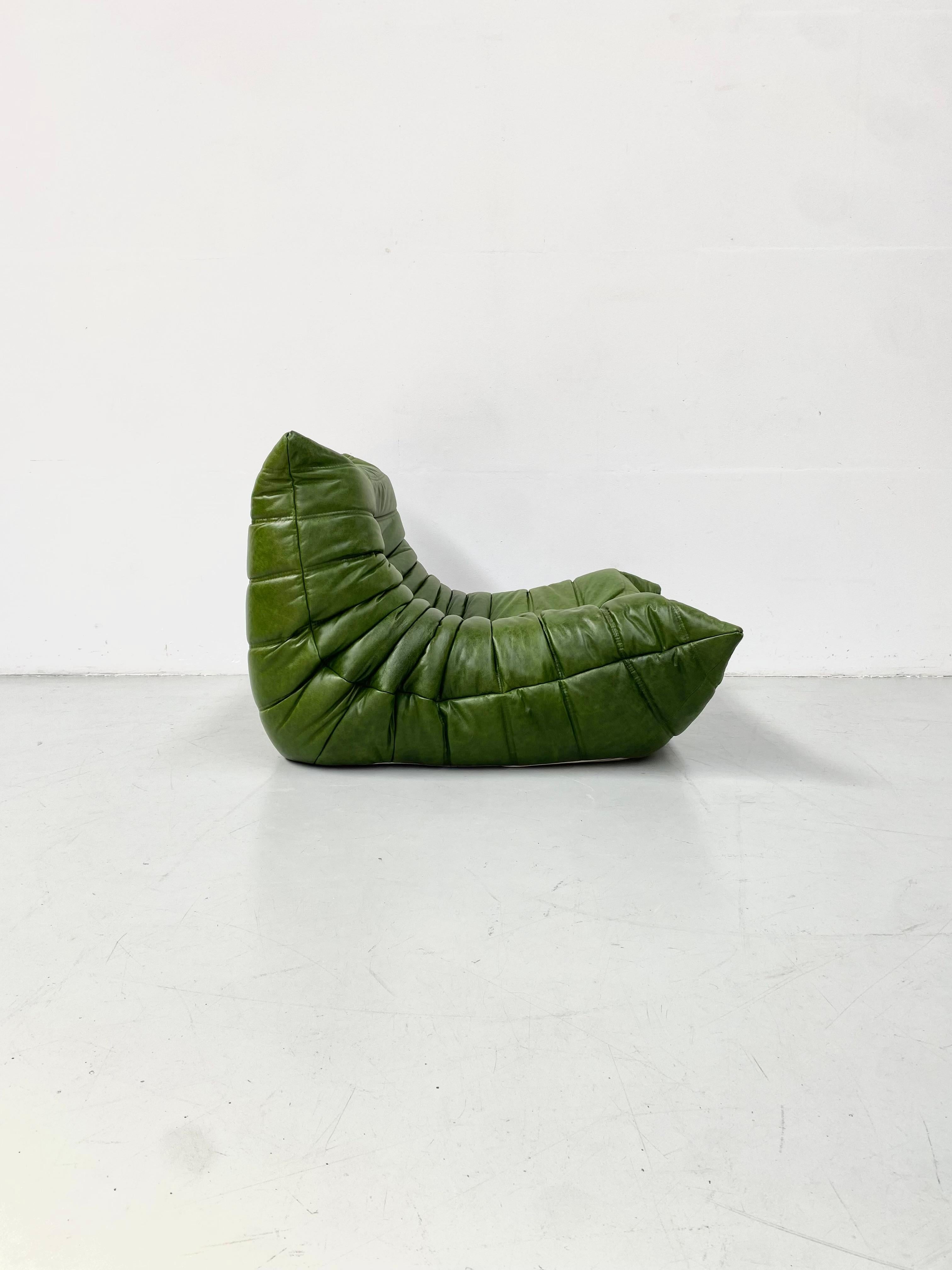 20th Century French Togo Chair in Green Leather by Michel Ducaroy for Ligne Roset, 1974.