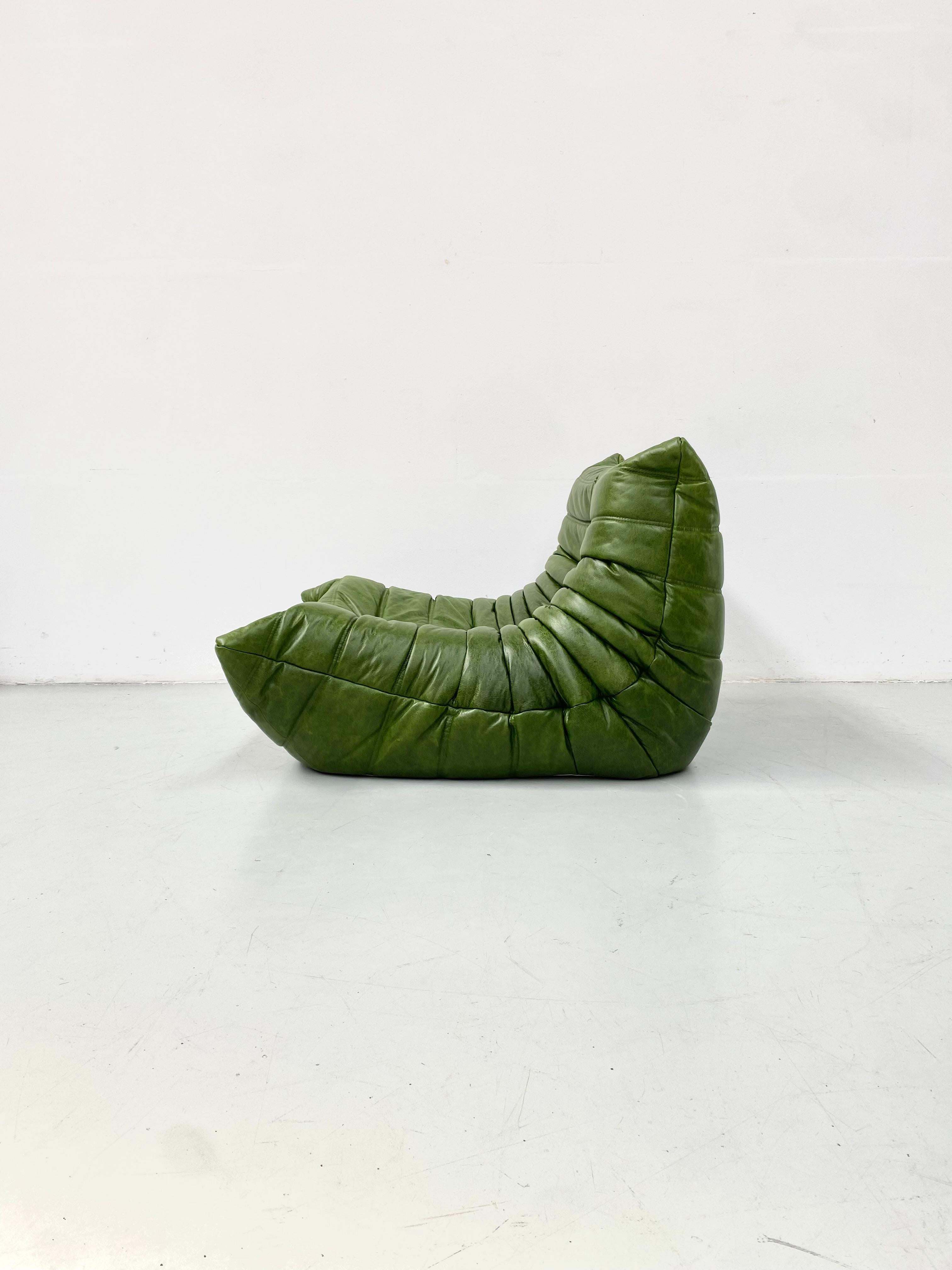 French Togo Chair in Green Leather by Michel Ducaroy for Ligne Roset, 1974. 1