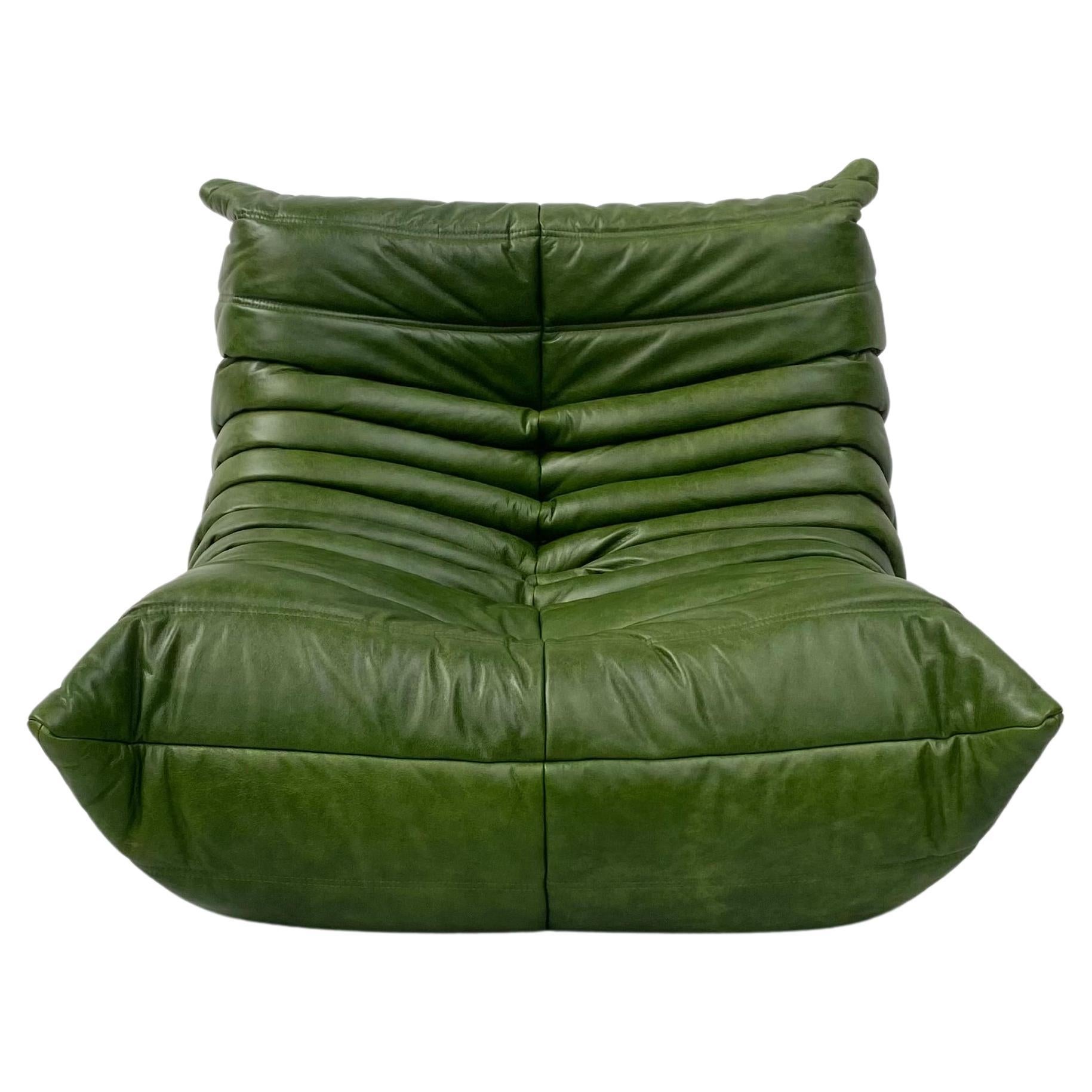 French Togo Chair in Green Leather by Michel Ducaroy for Ligne Roset, 1974. For Sale