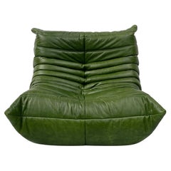 French Togo Chair in Green Leather by Michel Ducaroy for Ligne Roset, 1974.